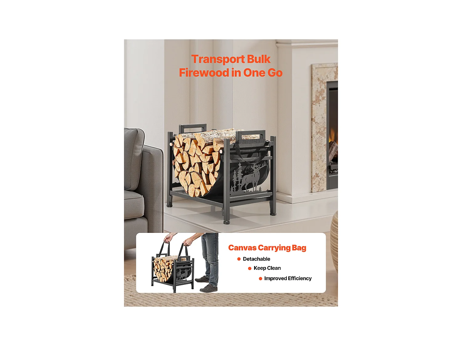 Support à Bois SucceBuy de Chauffage d'Intérieur, Range-bûches Incurvé 45 x 31.5 x 41.5 cm, avec Support en Toile, Capacité de Charge 18,1 kg, Rangement à Bûches