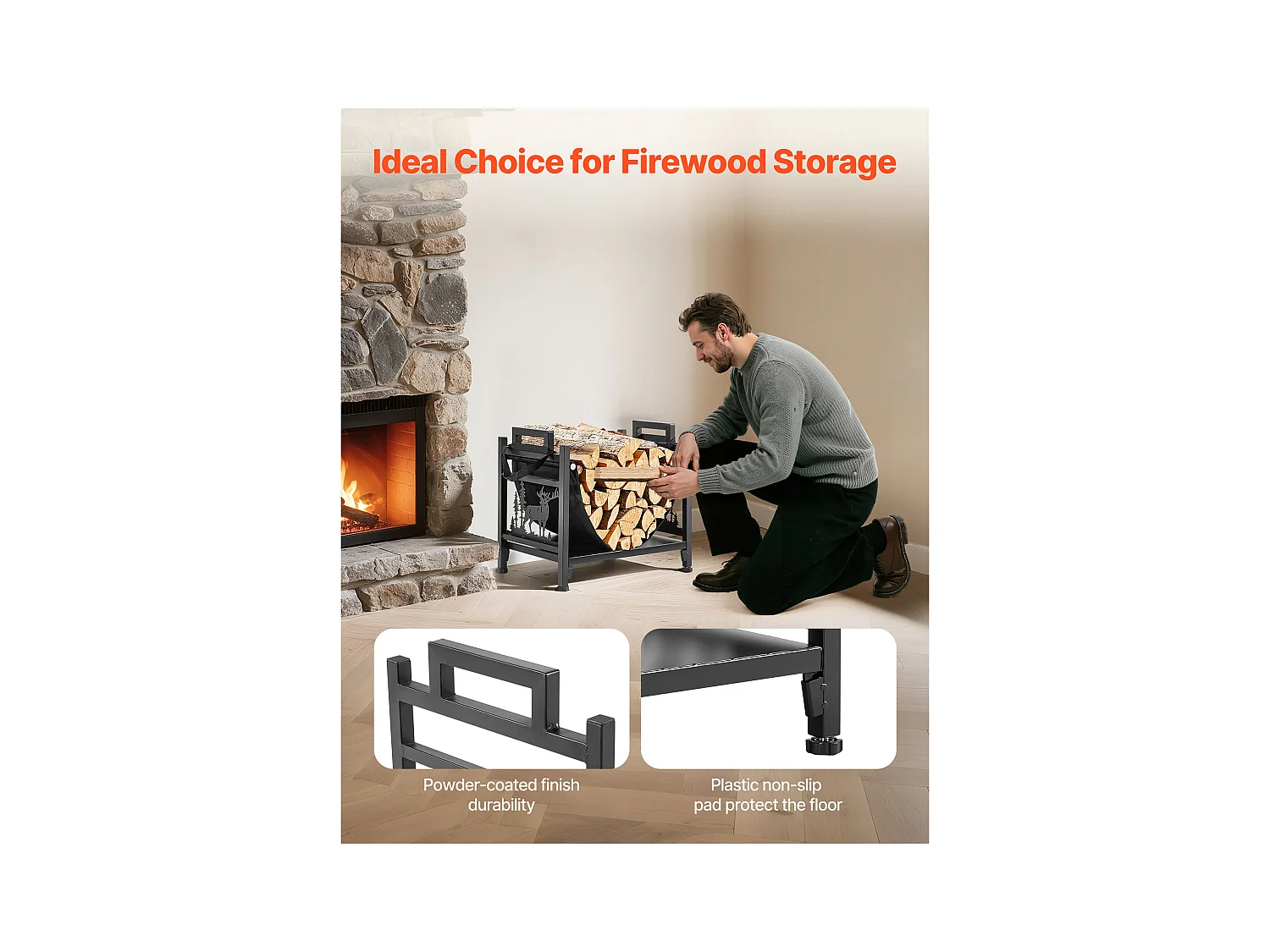 Support à Bois SucceBuy de Chauffage d'Intérieur, Range-bûches Incurvé 45 x 31.5 x 41.5 cm, avec Support en Toile, Capacité de Charge 18,1 kg, Rangement à Bûches