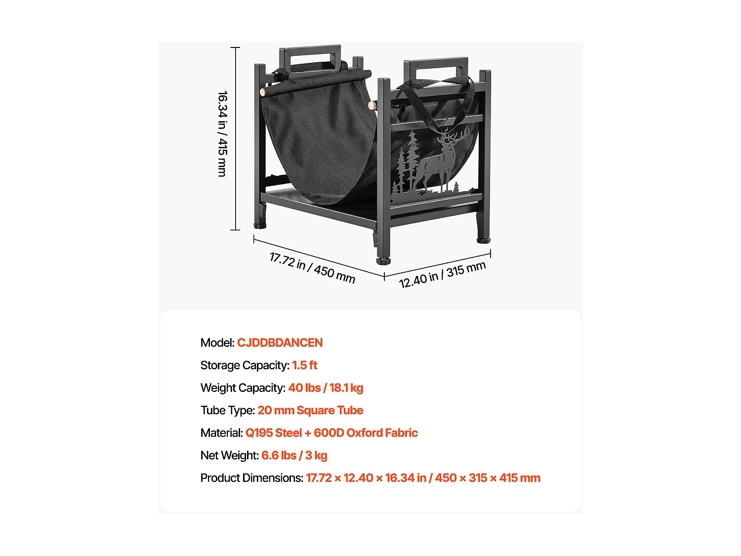 Schowek na Drewno SucceBuy do Ogrzewania Wewnętrzny, Zakrzywiony Schowek na Drewno 45 x 31.5 x 41.5 cm, z Podstawą z Płótna, Nośność 18,1 kg, Przechowywanie Drewna