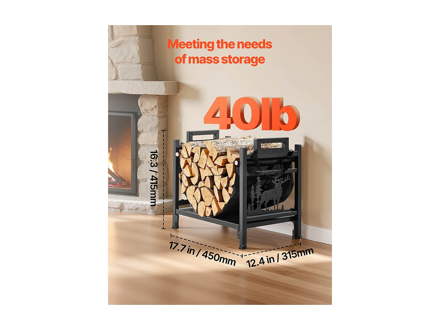 Schowek na Drewno SucceBuy do Ogrzewania Wewnętrzny, Zakrzywiony Schowek na Drewno 45 x 31.5 x 41.5 cm, z Podstawą z Płótna, Nośność 18,1 kg, Przechowywanie Drewna