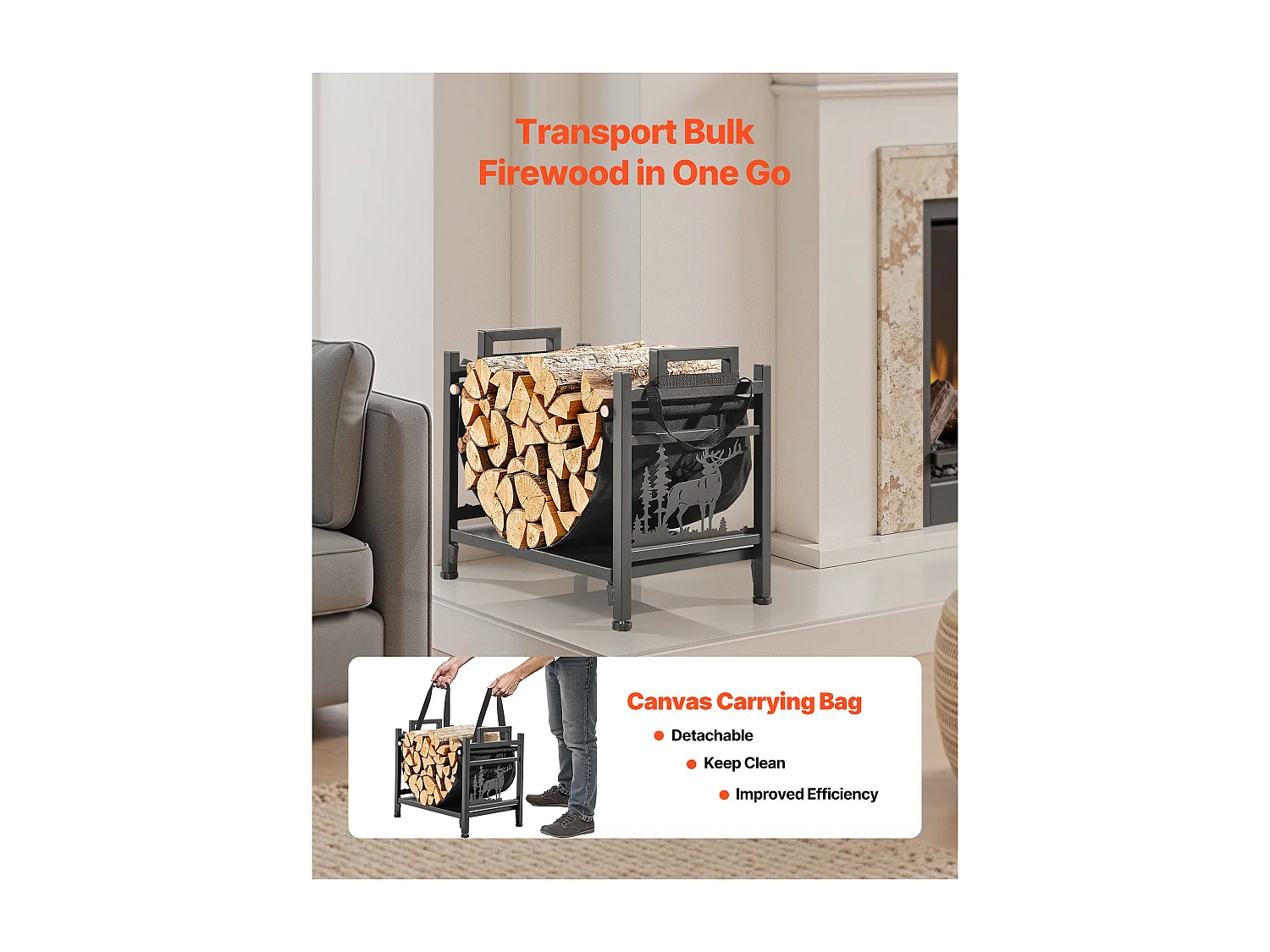 Schowek na Drewno SucceBuy do Ogrzewania Wewnętrzny, Zakrzywiony Schowek na Drewno 45 x 31.5 x 41.5 cm, z Podstawą z Płótna, Nośność 18,1 kg, Przechowywanie Drewna