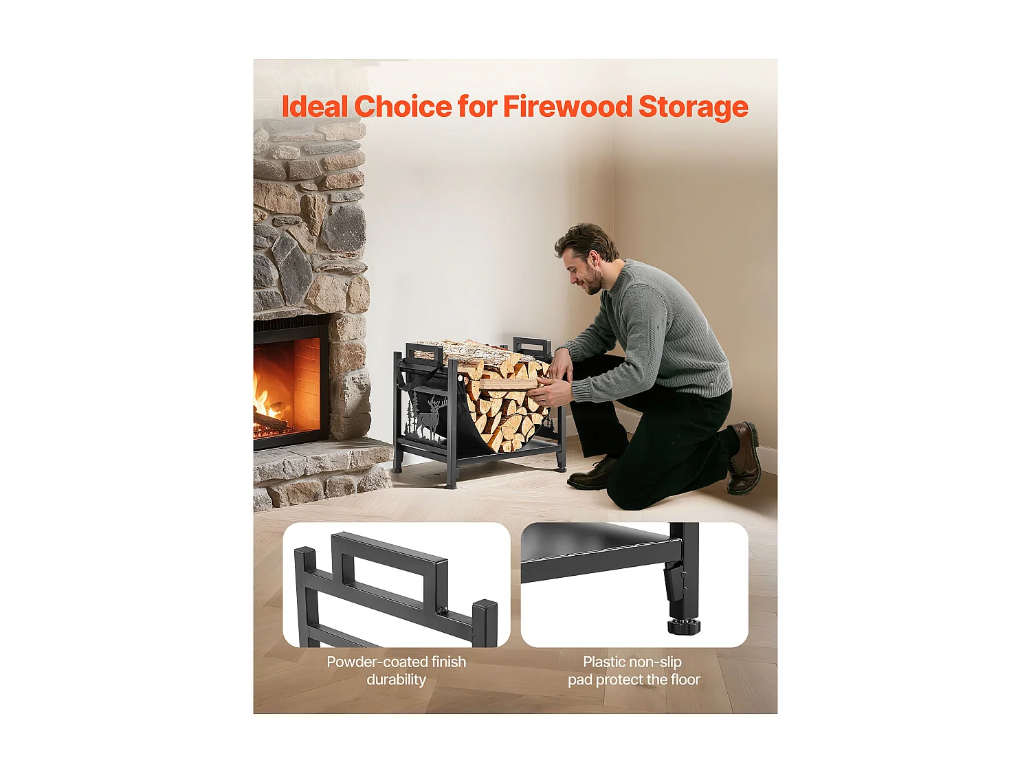 Schowek na Drewno SucceBuy do Ogrzewania Wewnętrzny, Zakrzywiony Schowek na Drewno 45 x 31.5 x 41.5 cm, z Podstawą z Płótna, Nośność 18,1 kg, Przechowywanie Drewna