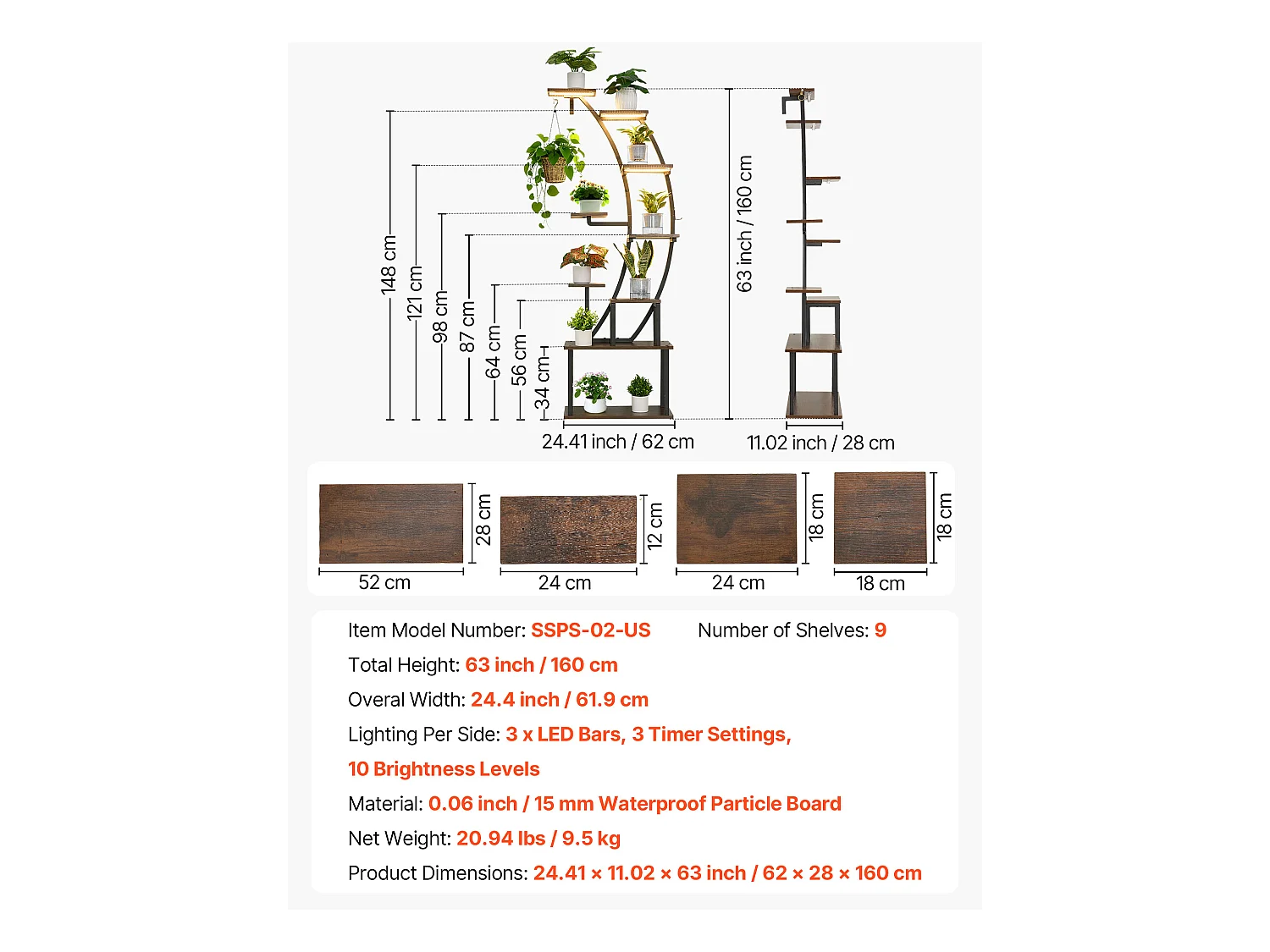 Suporte para Plantas Interior SucceBuy com Lâmpada de Cultivo, Prateleira para Plantas 9 Níveis Metal, 160 cm, 3 Definições de Temporizador