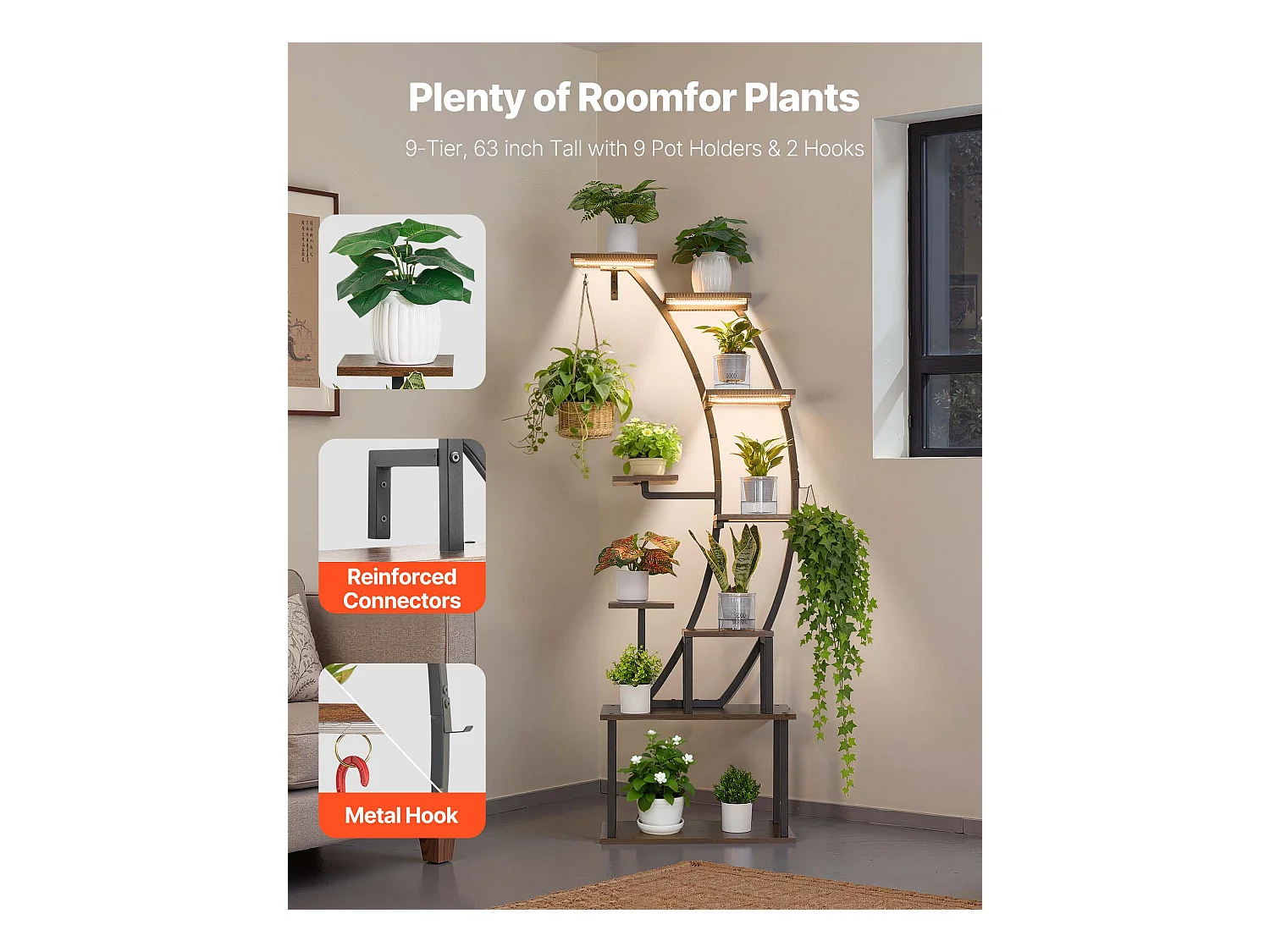 Suporte para Plantas Interior SucceBuy com Lâmpada de Cultivo, Prateleira para Plantas 9 Níveis Metal, 160 cm, 3 Definições de Temporizador