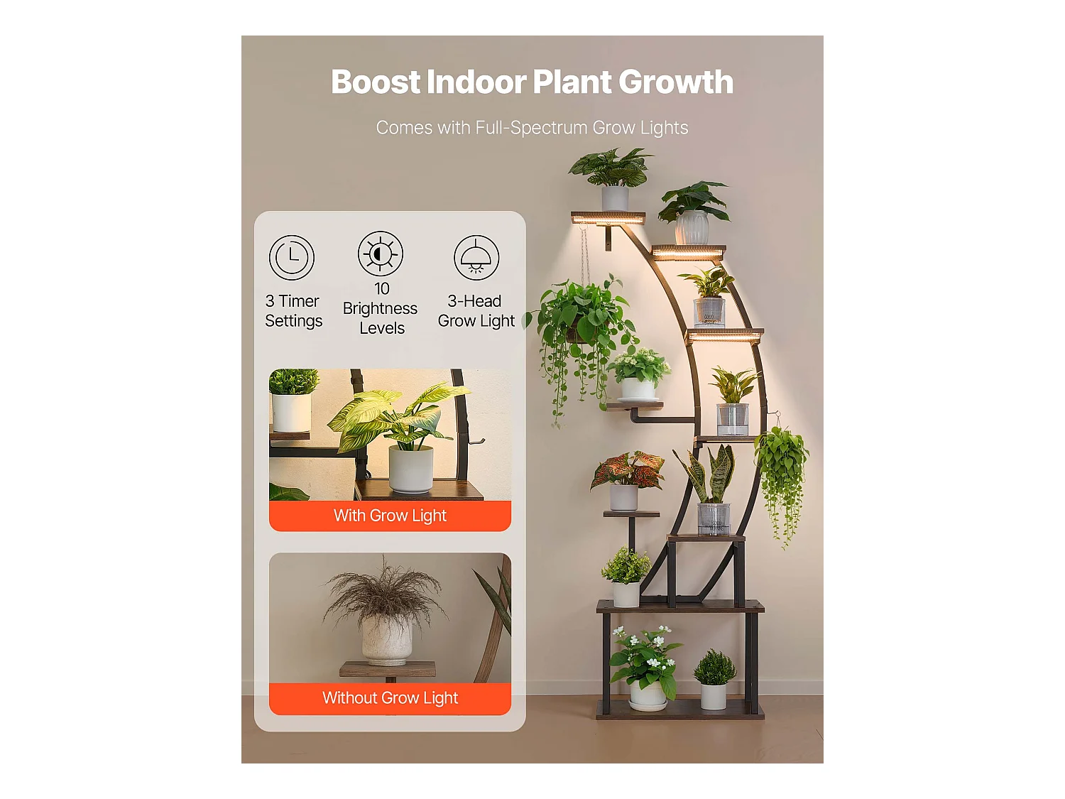 Suporte para Plantas Interior SucceBuy com Lâmpada de Cultivo, Prateleira para Plantas 9 Níveis Metal, 160 cm, 3 Definições de Temporizador