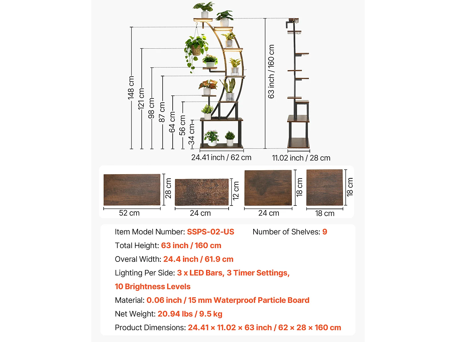 Support Plantes Intérieur SucceBuy avec Lampe de Croissance, Étagère Porte Plantes 9 Niveaux Métal, 160 cm, 3 Réglages Minuterie, 10 Niveaux Luminosité