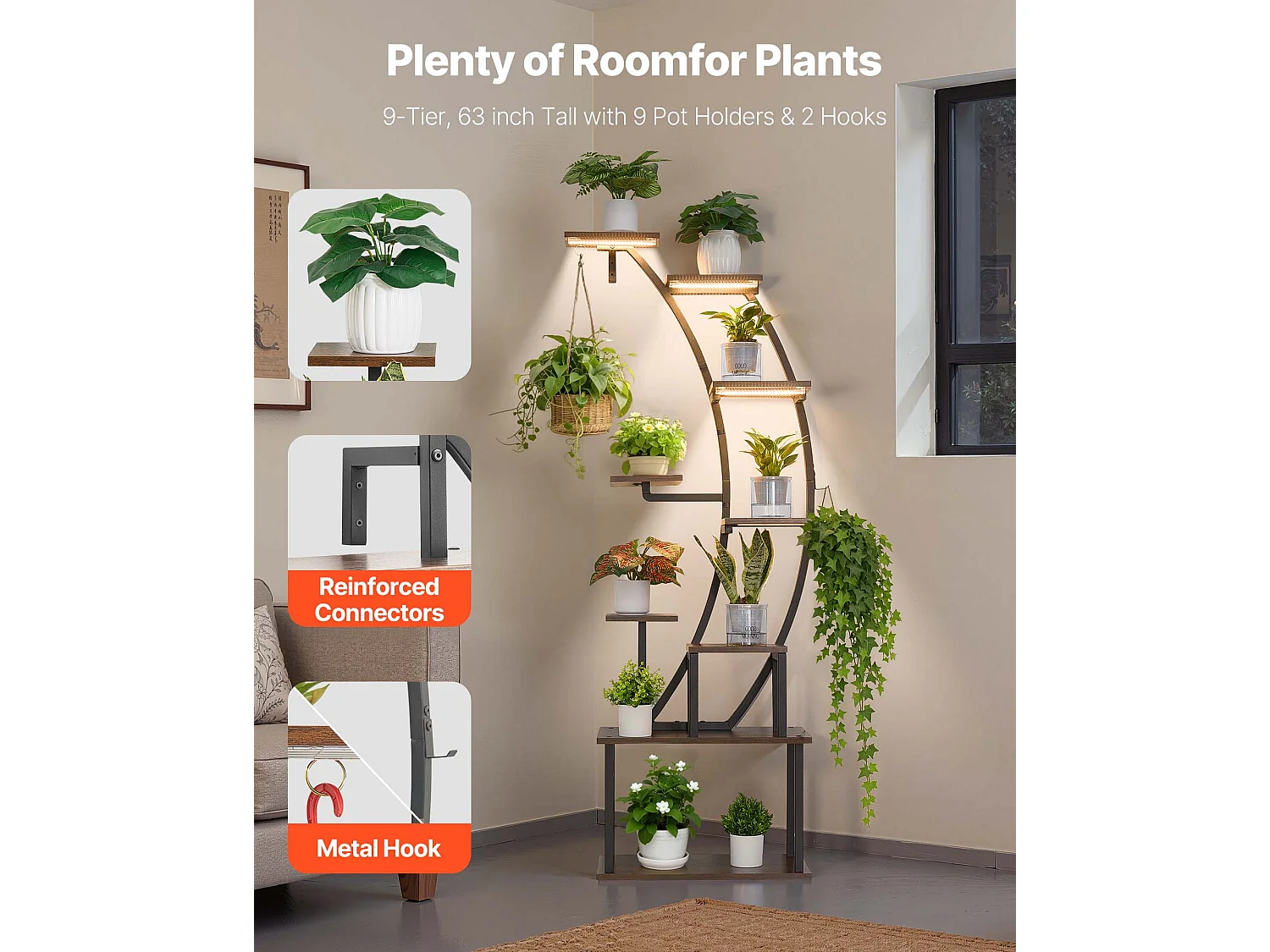 Support Plantes Intérieur SucceBuy avec Lampe de Croissance, Étagère Porte Plantes 9 Niveaux Métal, 160 cm, 3 Réglages Minuterie, 10 Niveaux Luminosité