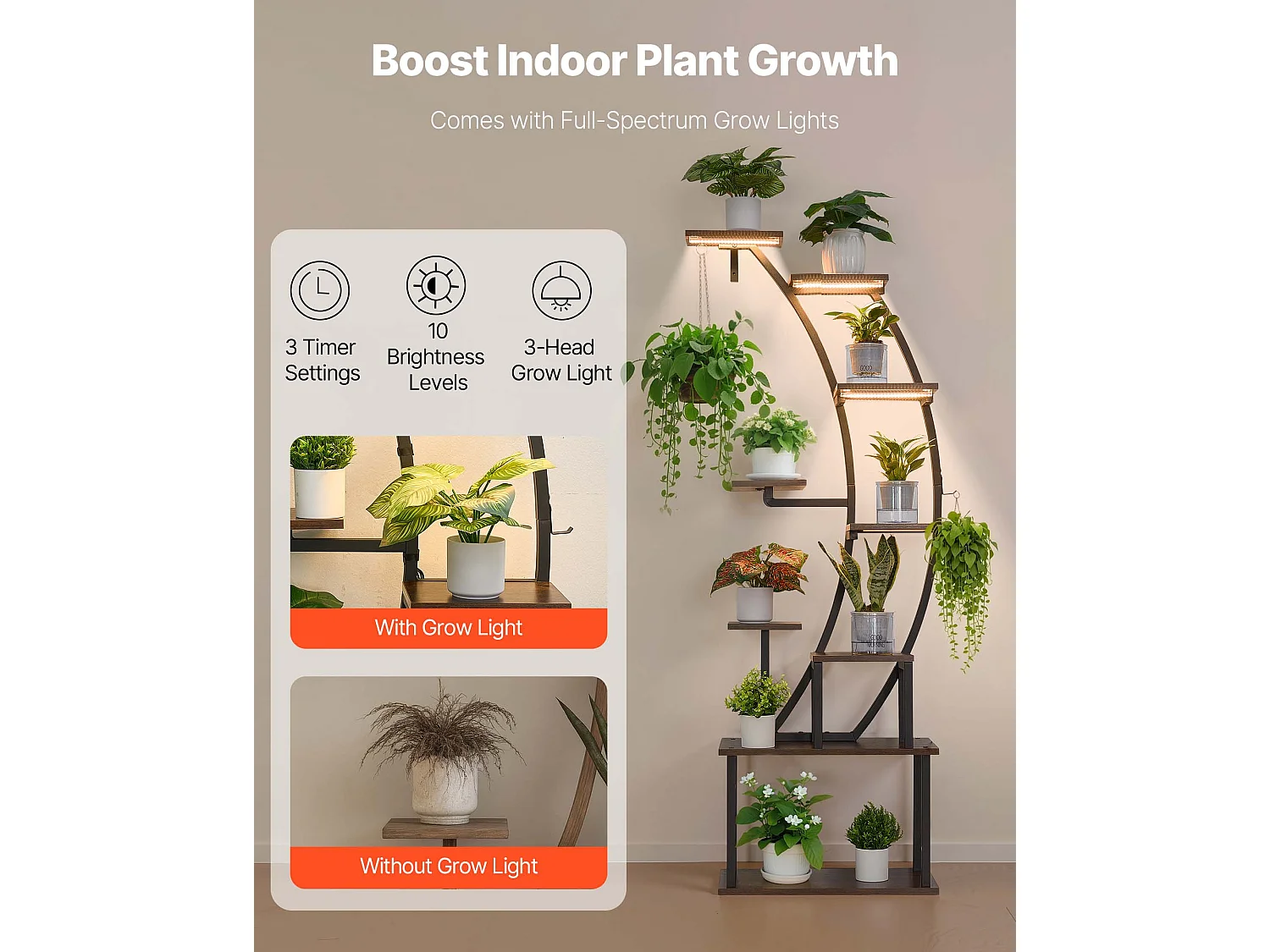 Support Plantes Intérieur SucceBuy avec Lampe de Croissance, Étagère Porte Plantes 9 Niveaux Métal, 160 cm, 3 Réglages Minuterie, 10 Niveaux Luminosité