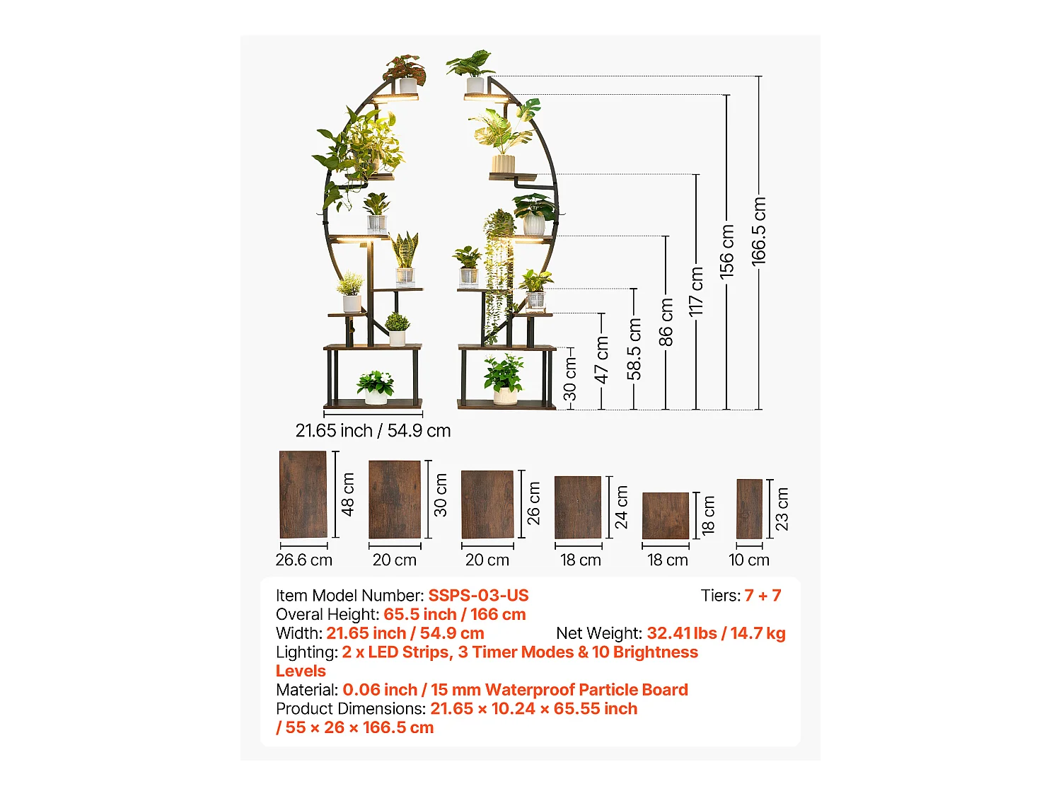 Suporte para Plantas Interior SucceBuy com Lâmpada de Cultivo, Lote de 2, Prateleira para Plantas 7 Níveis Metal, 166,5 cm, 3 Definições de Temporizador