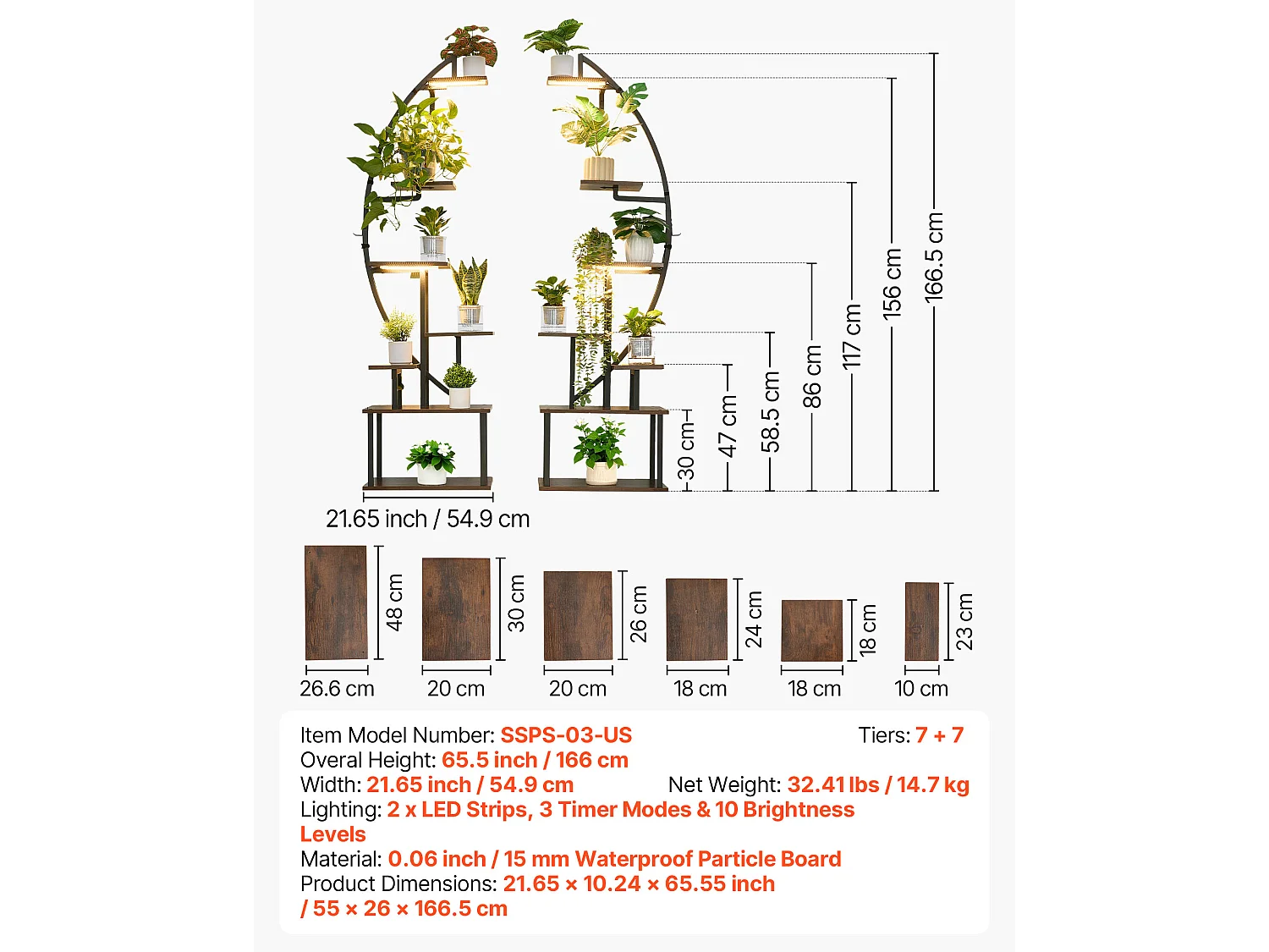 Pflanzenständer Innen SucceBuy mit Wachstumslampe, Set von 2, Pflanzregal 7 Ebenen Metall, 166,5 cm, 3 Timer-Einstellungen