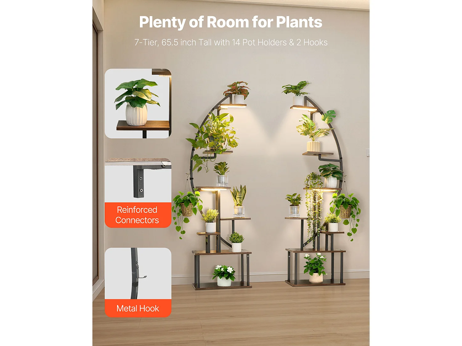 Pflanzenständer Innen SucceBuy mit Wachstumslampe, Set von 2, Pflanzregal 7 Ebenen Metall, 166,5 cm, 3 Timer-Einstellungen