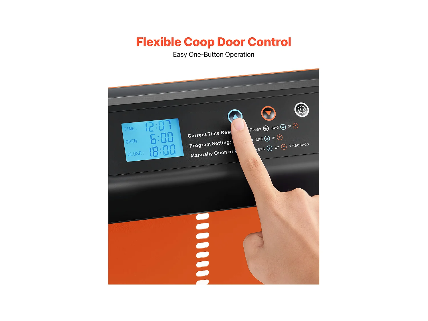 Automatische Kippenhokdeur SucceBuy, Voeding door Batterijen, 2 Modi met Timer en Handmatige Instelling, Anti-klem Systeem, Aluminiumlegering, Oranje