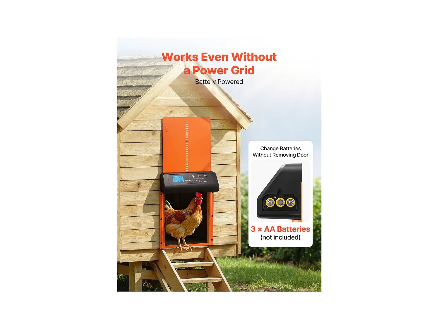 Automatische Kippenhokdeur SucceBuy, Voeding door Batterijen, 2 Modi met Timer en Handmatige Instelling, Anti-klem Systeem, Aluminiumlegering, Oranje