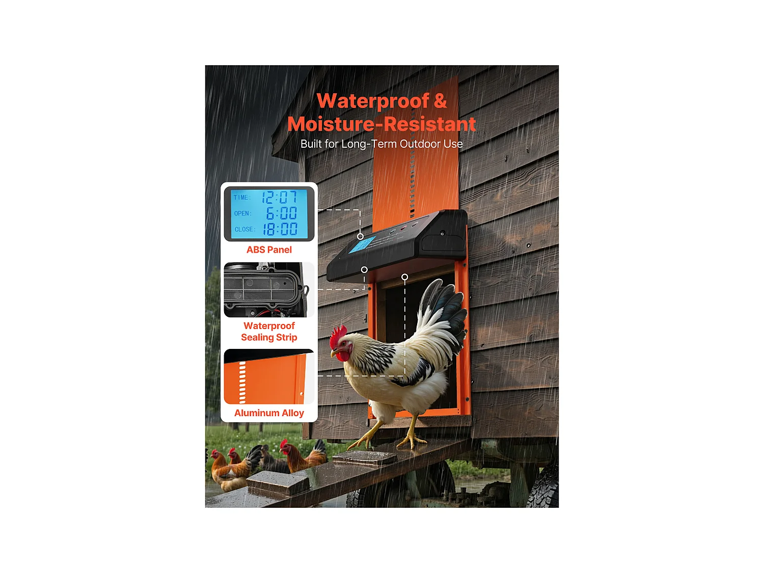 Automatische Kippenhokdeur SucceBuy, Voeding door Batterijen, 2 Modi met Timer en Handmatige Instelling, Anti-klem Systeem, Aluminiumlegering, Oranje