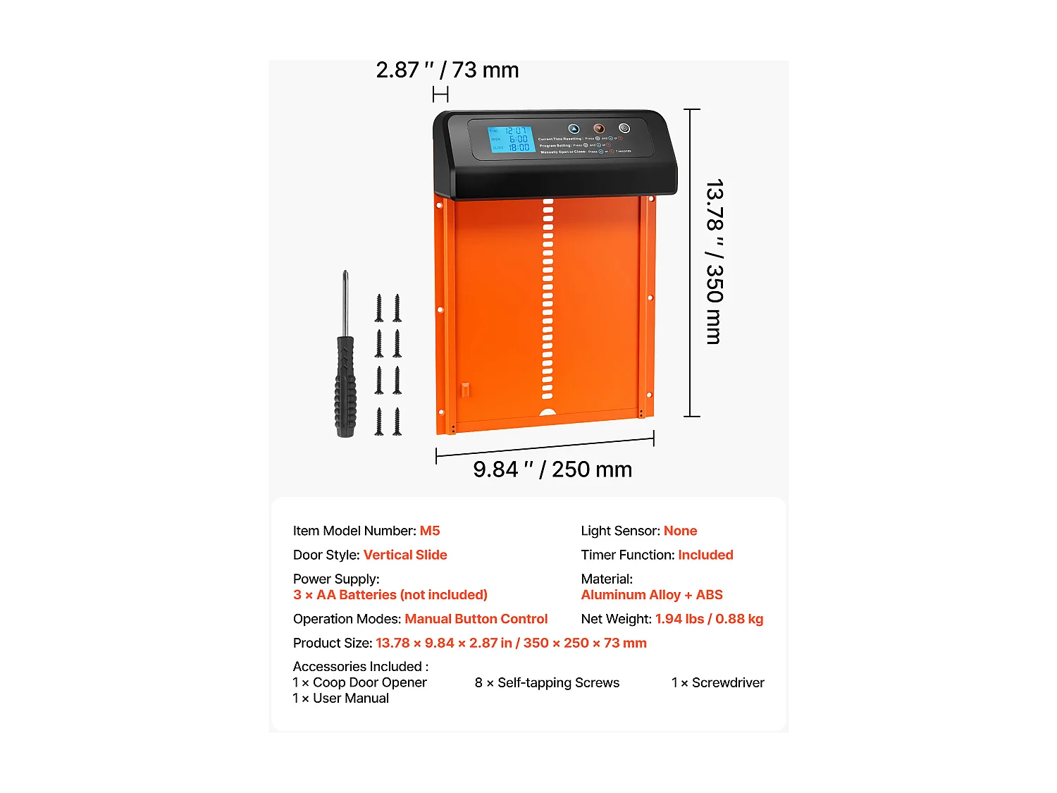 Automatische Kippenhokdeur SucceBuy, Voeding door Batterijen, 2 Modi met Timer en Handmatige Instelling, Anti-klem Systeem, Aluminiumlegering, Oranje