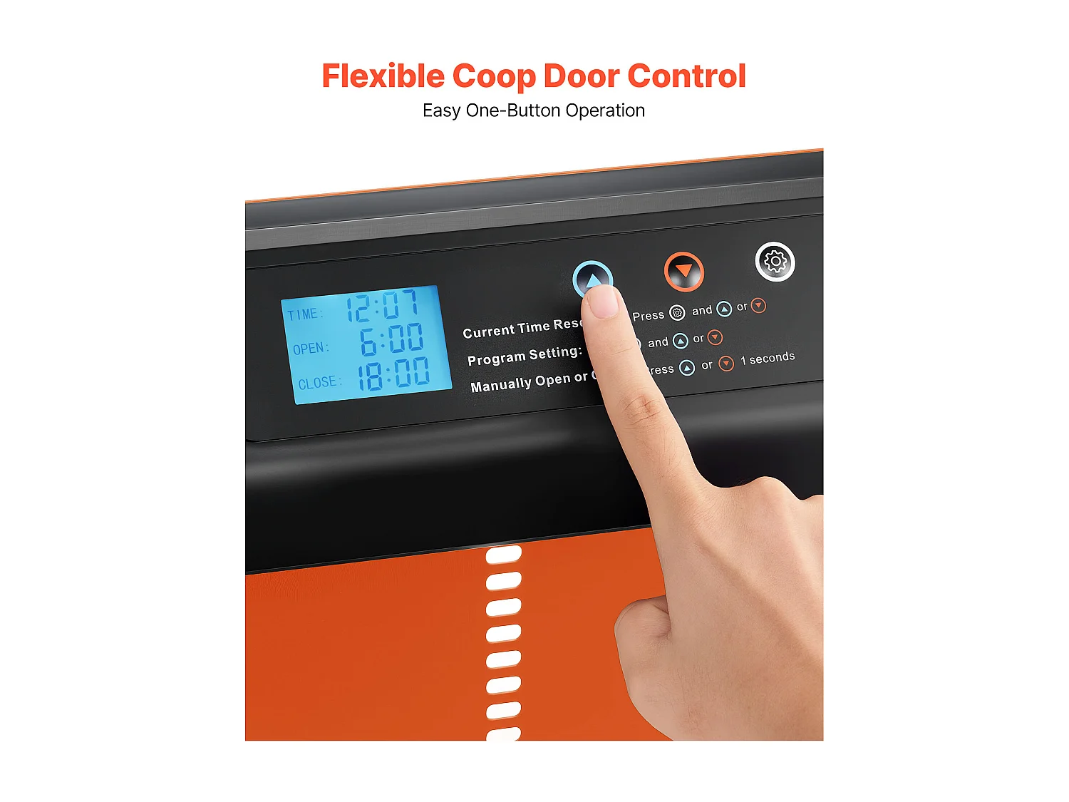 Automatische Kippenhokdeur SucceBuy, Voeding door Batterijen, 2 Modi met Timer en Handmatige Instelling, Anti-klem Systeem, Aluminiumlegering, Oranje