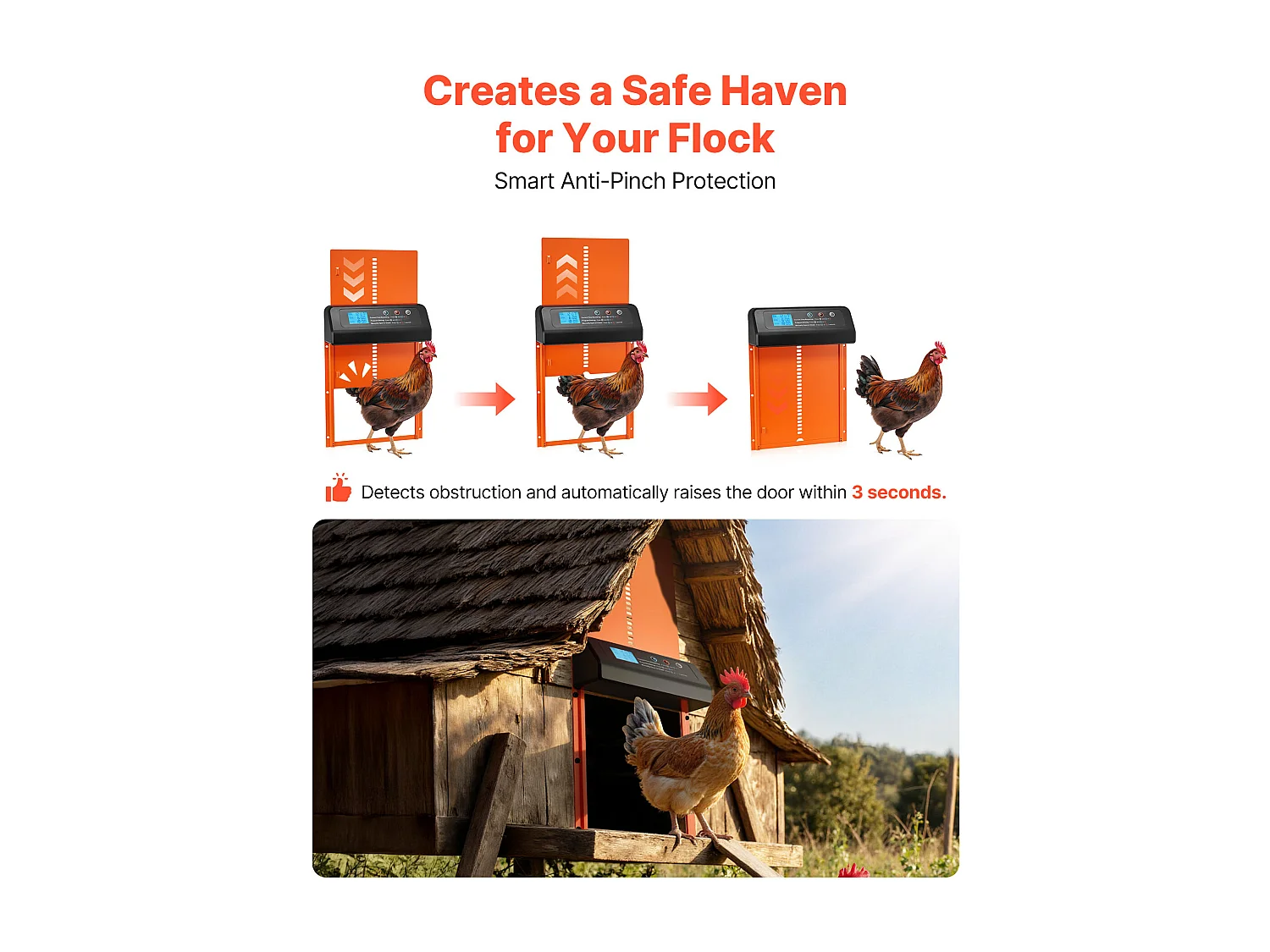 Automatische Kippenhokdeur SucceBuy, Voeding door Batterijen, 2 Modi met Timer en Handmatige Instelling, Anti-klem Systeem, Aluminiumlegering, Oranje