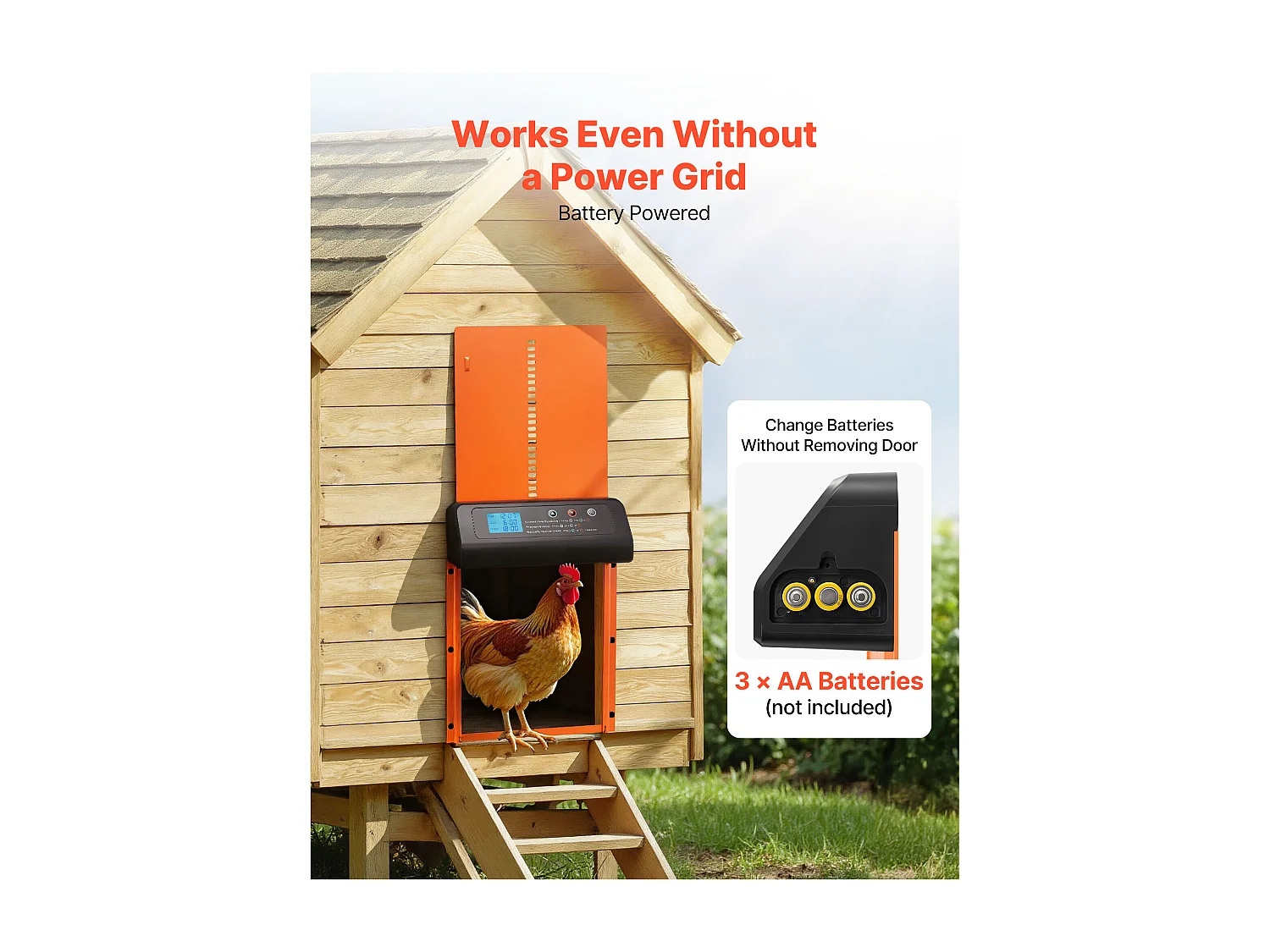 Automatische Kippenhokdeur SucceBuy, Voeding door Batterijen, 2 Modi met Timer en Handmatige Instelling, Anti-klem Systeem, Aluminiumlegering, Oranje