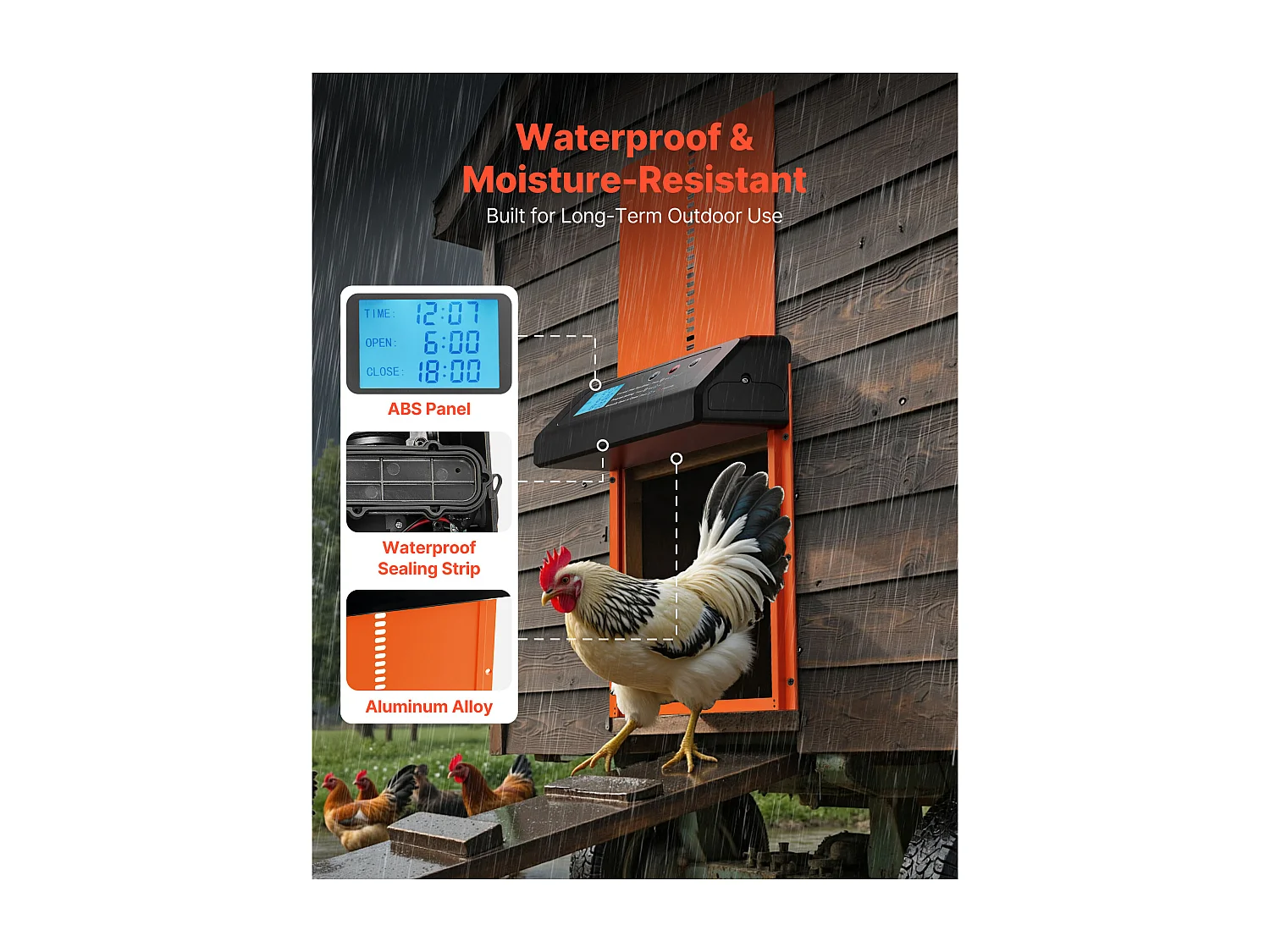 Automatische Kippenhokdeur SucceBuy, Voeding door Batterijen, 2 Modi met Timer en Handmatige Instelling, Anti-klem Systeem, Aluminiumlegering, Oranje