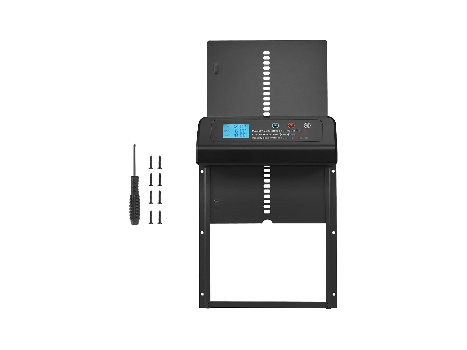 Automatische Kippenhokdeur SucceBuy, Voeding door Batterijen, 2 Modi met Timer en Handmatige Instelling, Anti-klem Systeem, Aluminiumlegering, Zwart