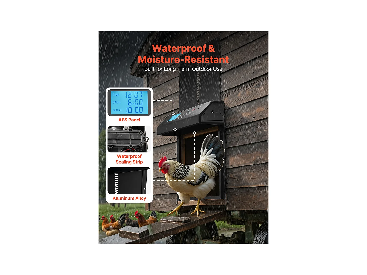 Automatische Kippenhokdeur SucceBuy, Voeding door Batterijen, 2 Modi met Timer en Handmatige Instelling, Anti-klem Systeem, Aluminiumlegering, Zwart
