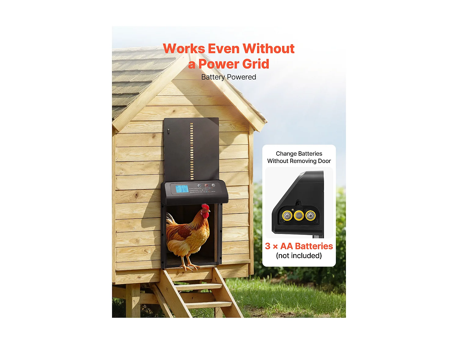 Automatische Kippenhokdeur SucceBuy, Voeding door Batterijen, 2 Modi met Timer en Handmatige Instelling, Anti-klem Systeem, Aluminiumlegering, Zwart
