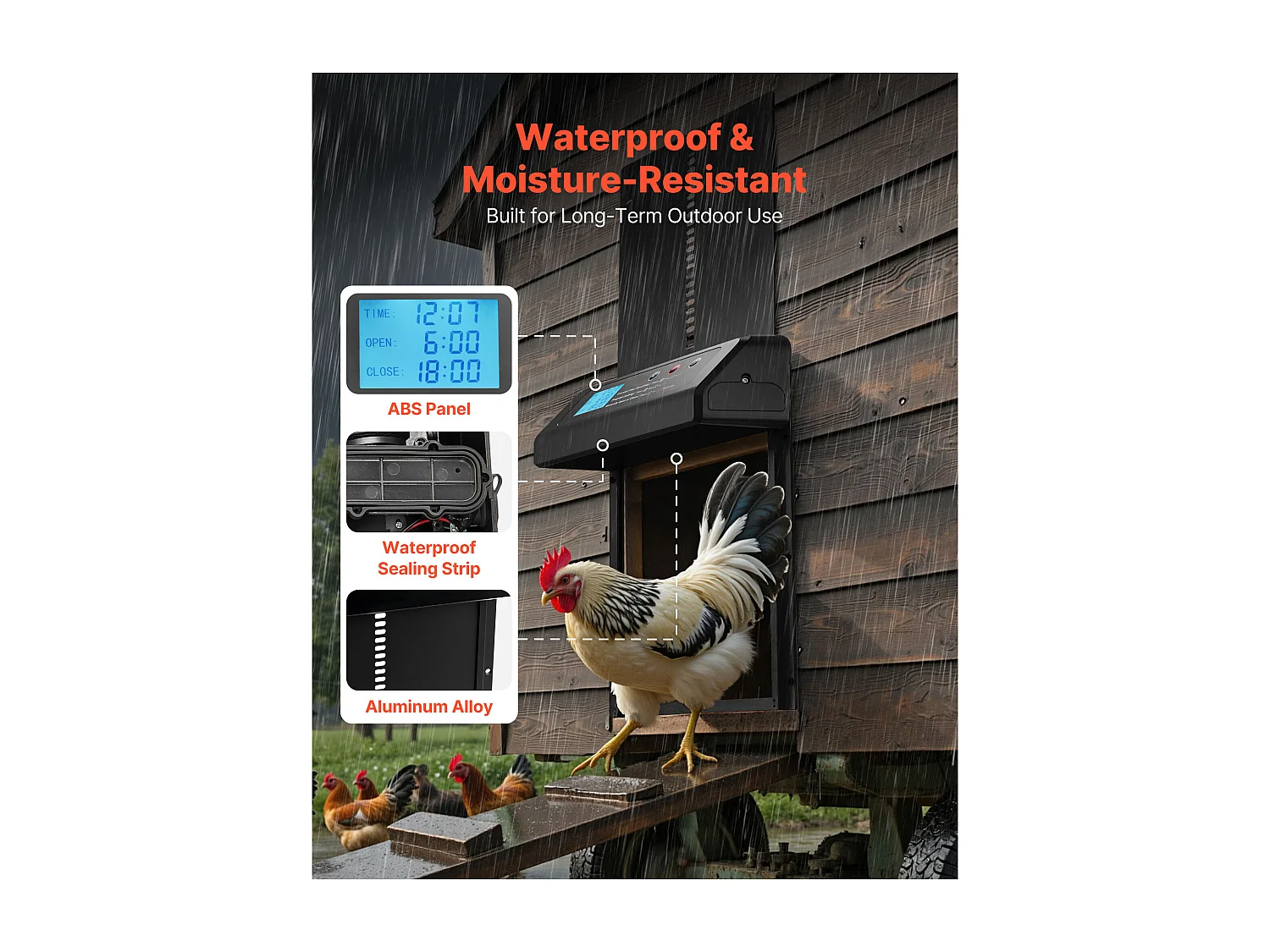 Automatische Kippenhokdeur SucceBuy, Voeding door Batterijen, 2 Modi met Timer en Handmatige Instelling, Anti-klem Systeem, Aluminiumlegering, Zwart