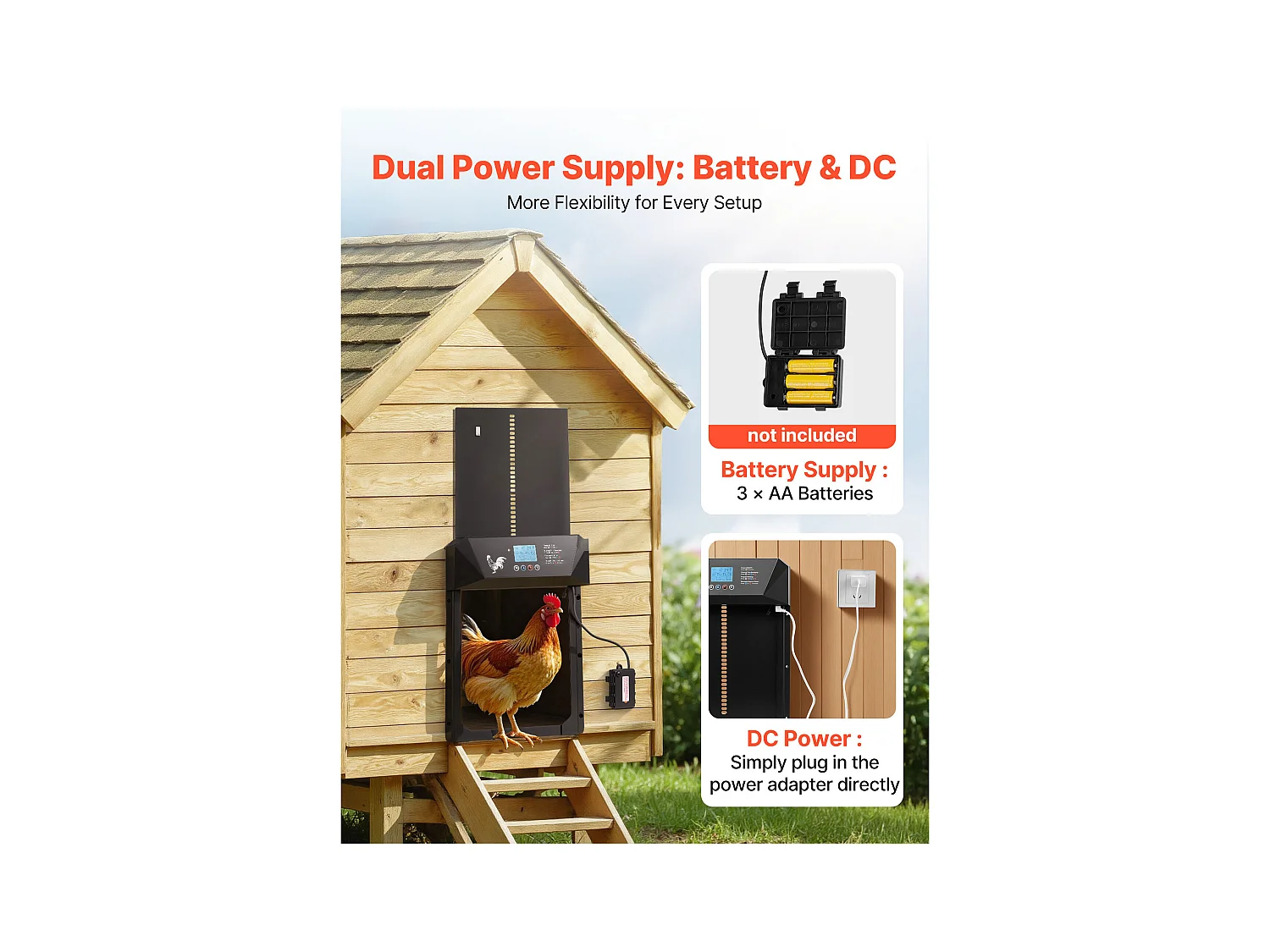 Automatische Kippenhokdeur SucceBuy, Voeding door Batterijen en DC, LCD-scherm, Lichtsensor, Timer, Handmatige Instelling, Anti-klem Systeem