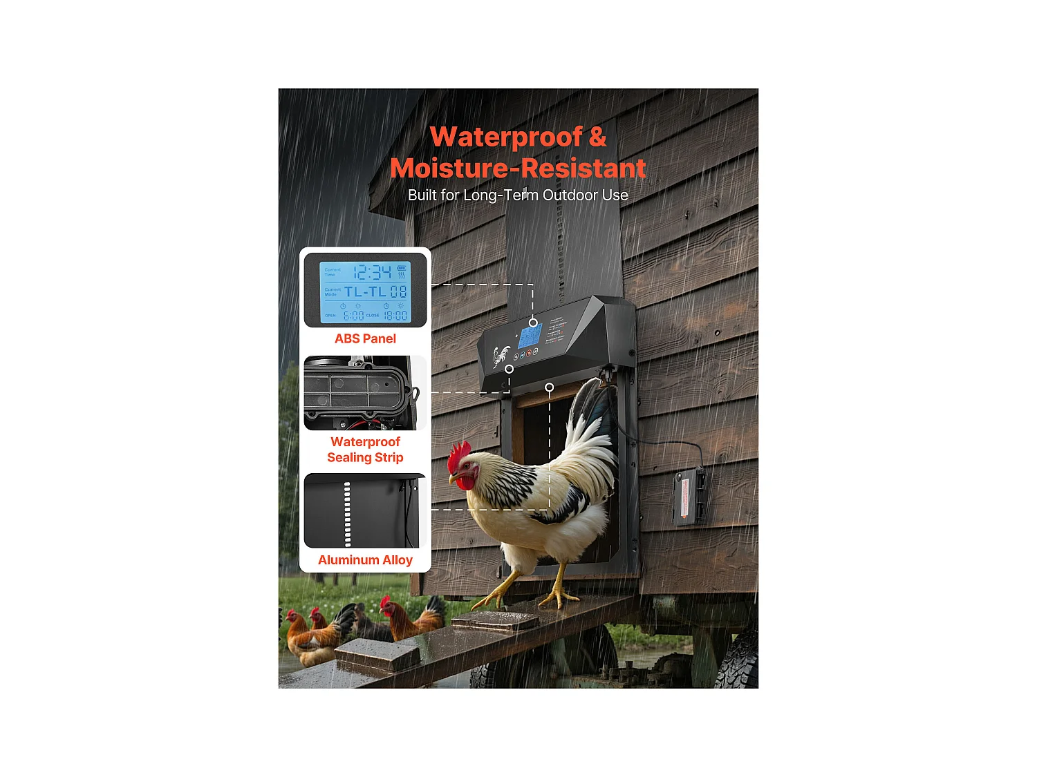 Automatische Kippenhokdeur SucceBuy, Voeding door Batterijen en DC, LCD-scherm, Lichtsensor, Timer, Handmatige Instelling, Anti-klem Systeem