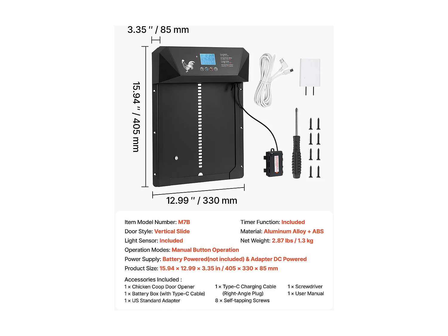 Porta Pollaio Automatica SucceBuy, Alimentazione a Batteria e CC, Schermo LCD, Sensore di Luce, Timer, Regolazione Manuale, Sistema Anti-intrappolamento
