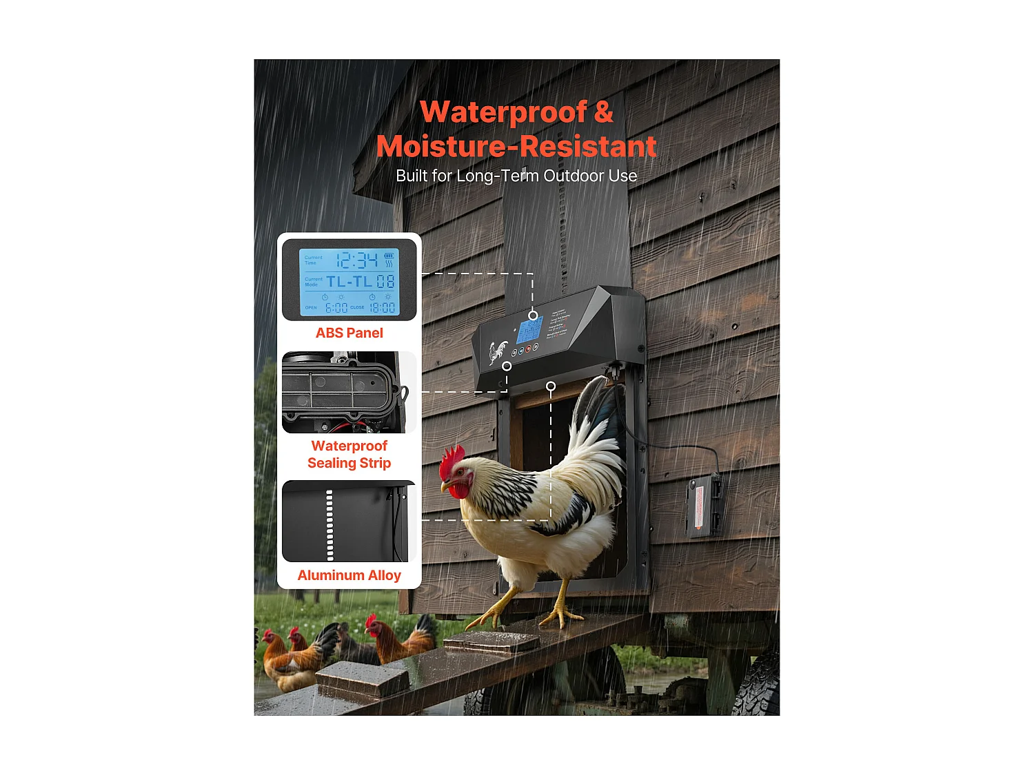 Porta Pollaio Automatica SucceBuy, Alimentazione a Batteria e CC, Schermo LCD, Sensore di Luce, Timer, Regolazione Manuale, Sistema Anti-intrappolamento