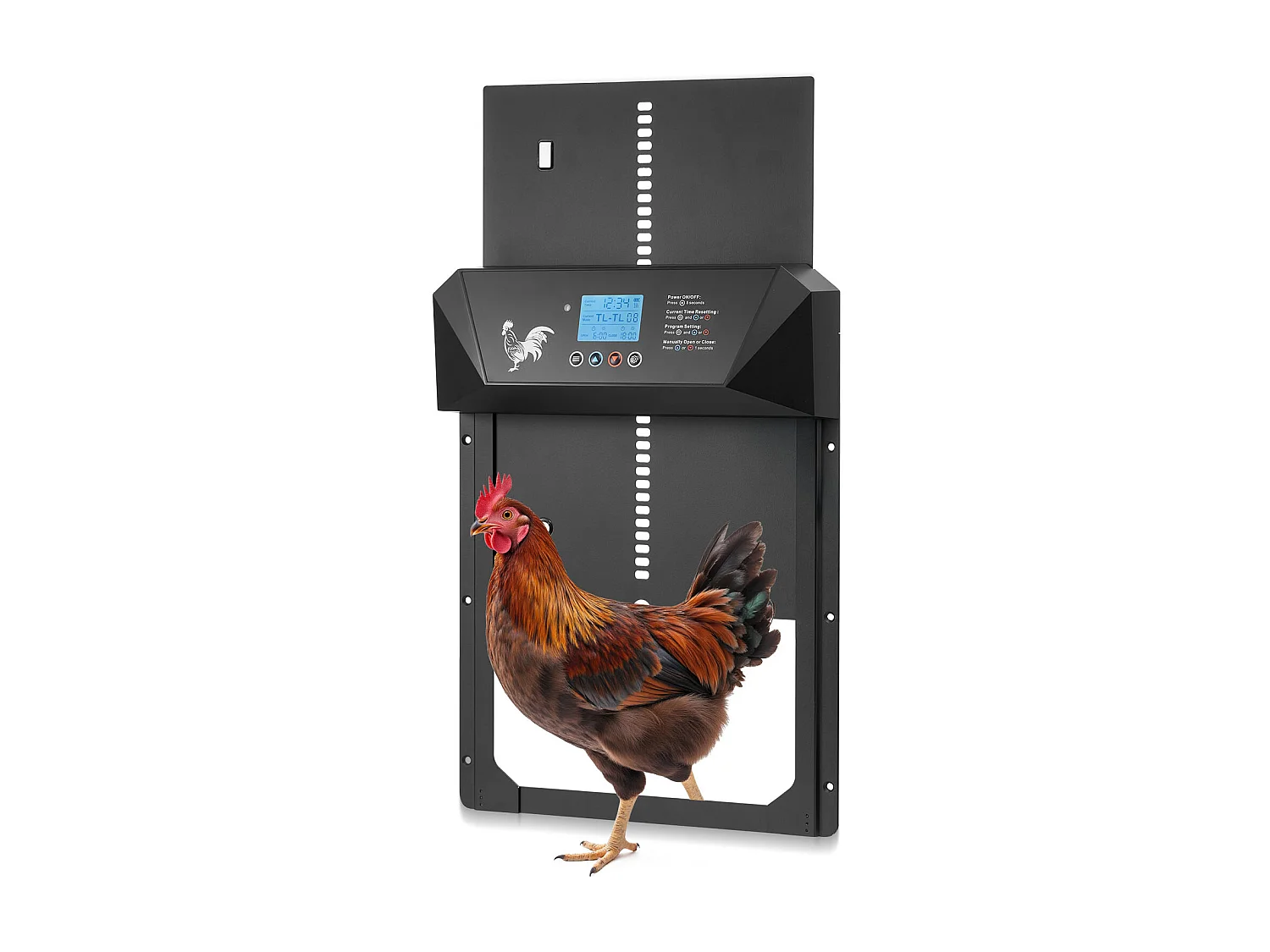 Porta Pollaio Automatica SucceBuy, Alimentazione a Batteria e CC, Schermo LCD, Sensore di Luce, Timer, Regolazione Manuale, Sistema Anti-intrappolamento