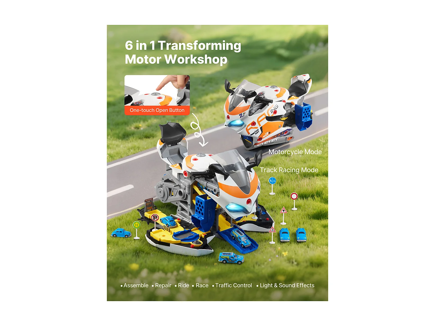 Jouet Moteur Moto SucceBuy, 25 Pièces, Jouet Mécanicien Moto avec Pièces Amovibles, Lumières et Sons, Simulation de Conduite et de Course sur Piste, Jaune