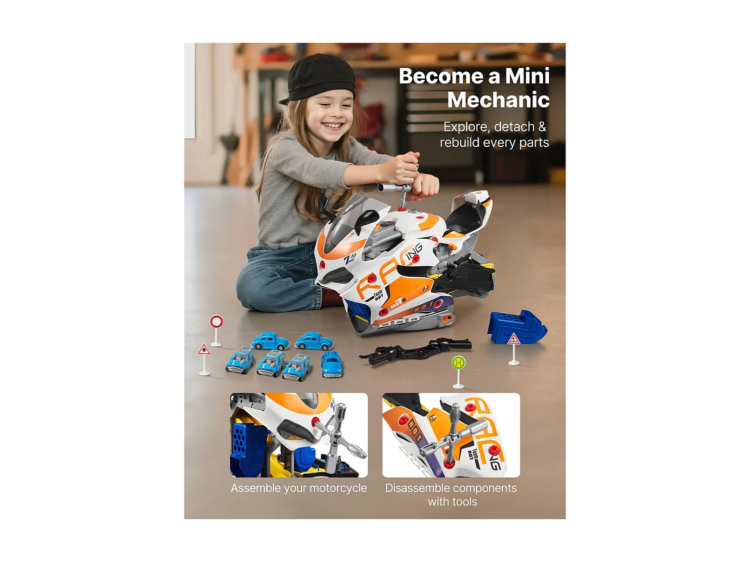 Jouet Moteur Moto SucceBuy, 25 Pièces, Jouet Mécanicien Moto avec Pièces Amovibles, Lumières et Sons, Simulation de Conduite et de Course sur Piste, Jaune