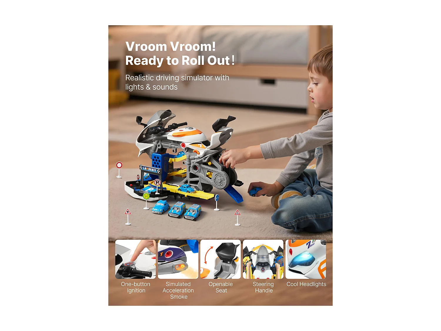 Jouet Moteur Moto SucceBuy, 25 Pièces, Jouet Mécanicien Moto avec Pièces Amovibles, Lumières et Sons, Simulation de Conduite et de Course sur Piste, Jaune