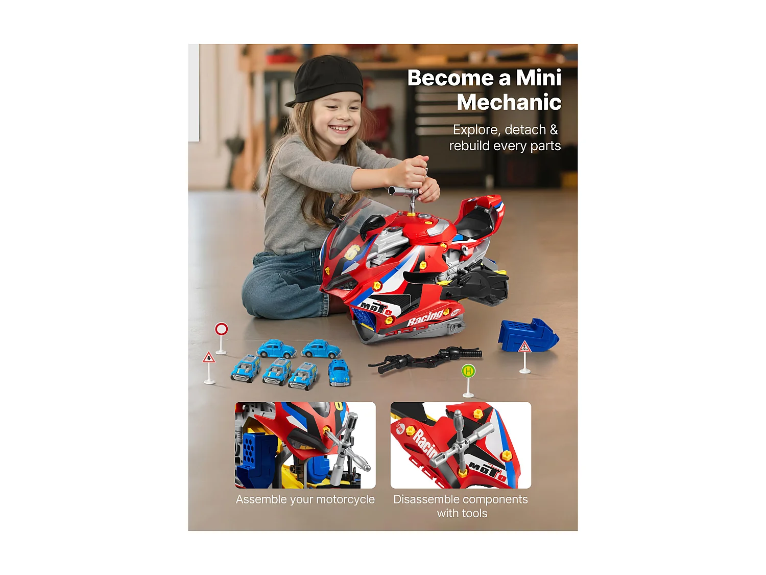 Jouet Moteur Moto SucceBuy, 25 Pièces, Jouet Mécanicien Moto avec Pièces Amovibles, Lumières et Sons, Simulation de Conduite et de Course sur Piste, Rouge