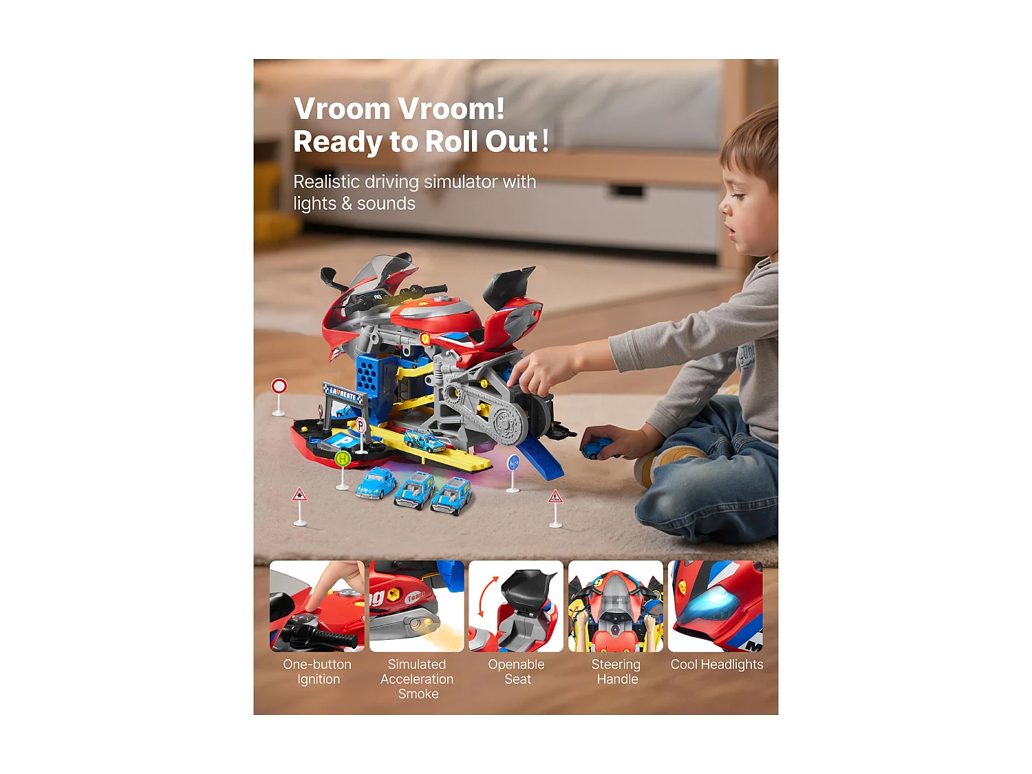 Giocattolo Motore Moto SucceBuy, 25 Pezzi, Giocattolo Meccanico Moto con Parti Rimovibili, Luci e Suoni, Simulazione di Guida e Corsa su Pista, Rosso