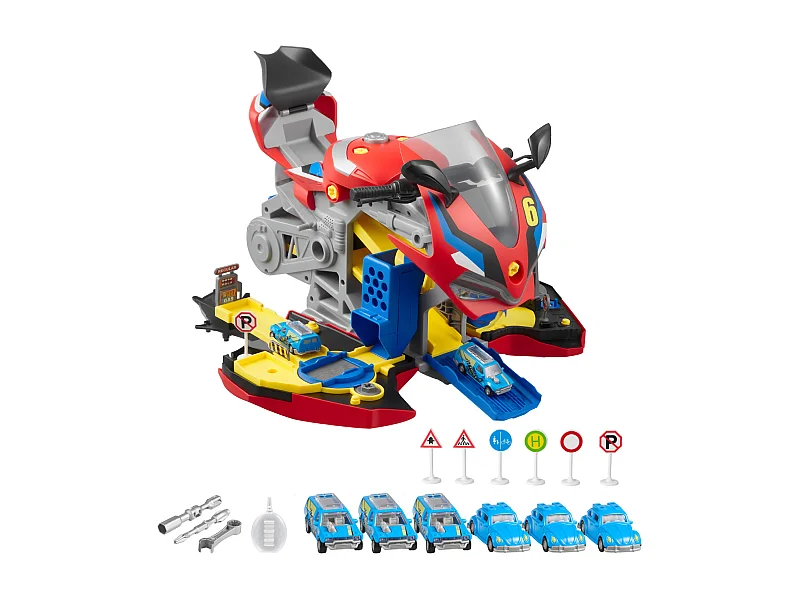 Brinquedo Motor de Moto SucceBuy, 25 Peças, Brinquedo Mecânico de Moto com Peças Removíveis, Luzes e Sons, Simulação de Condução e Corrida na Pista, Vermelho