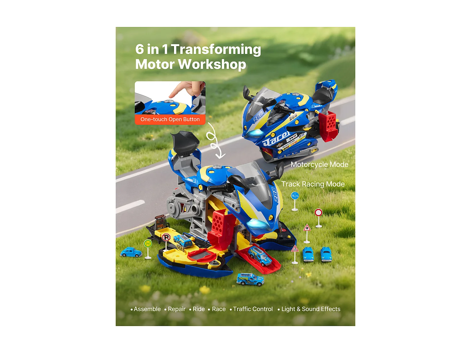 Jouet Moteur Moto SucceBuy, 25 Pièces, Jouet Mécanicien Moto avec Pièces Amovibles, Lumières et Sons, Simulation de Conduite et de Course sur Piste, Bleu