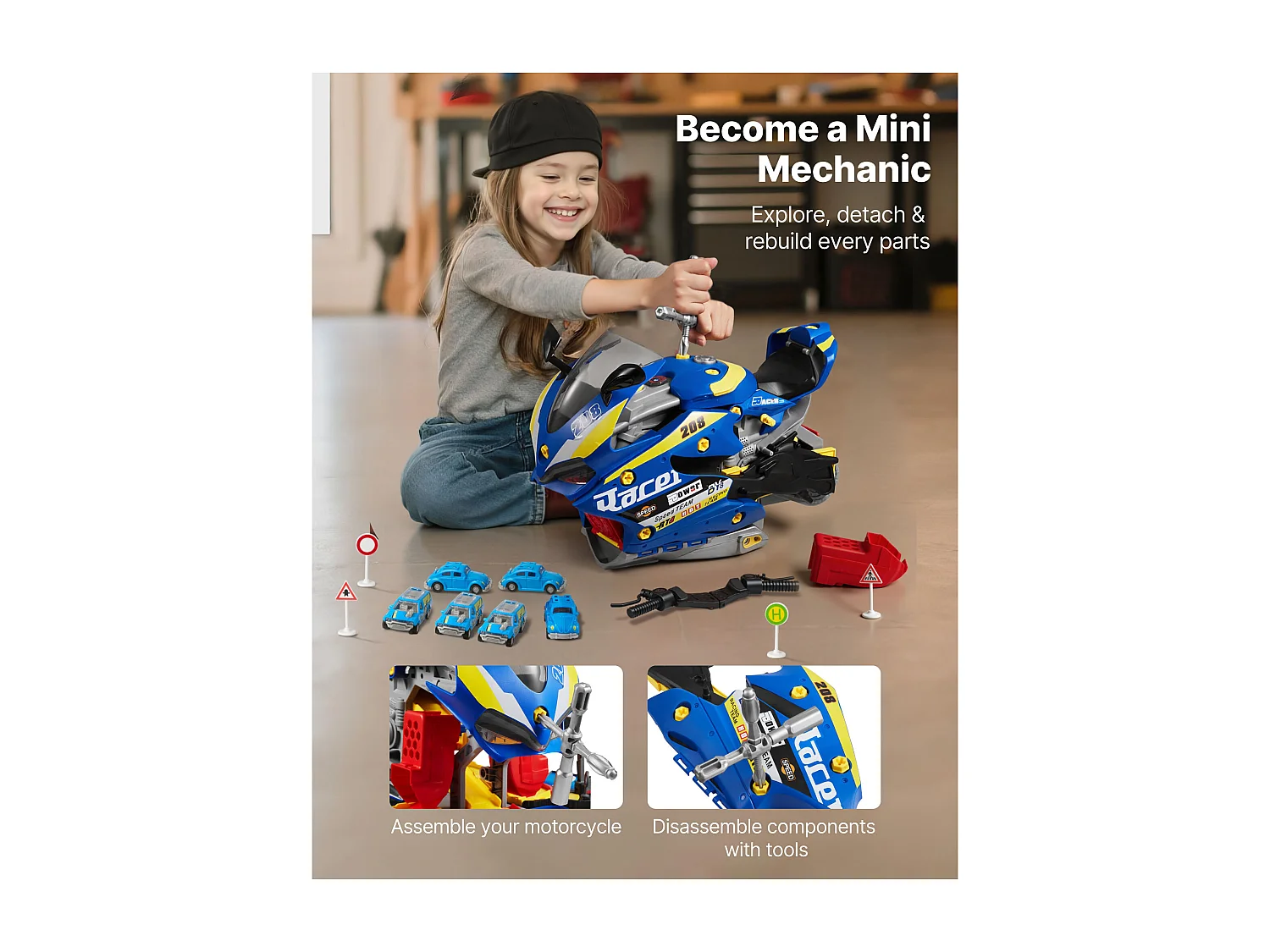 Jouet Moteur Moto SucceBuy, 25 Pièces, Jouet Mécanicien Moto avec Pièces Amovibles, Lumières et Sons, Simulation de Conduite et de Course sur Piste, Bleu