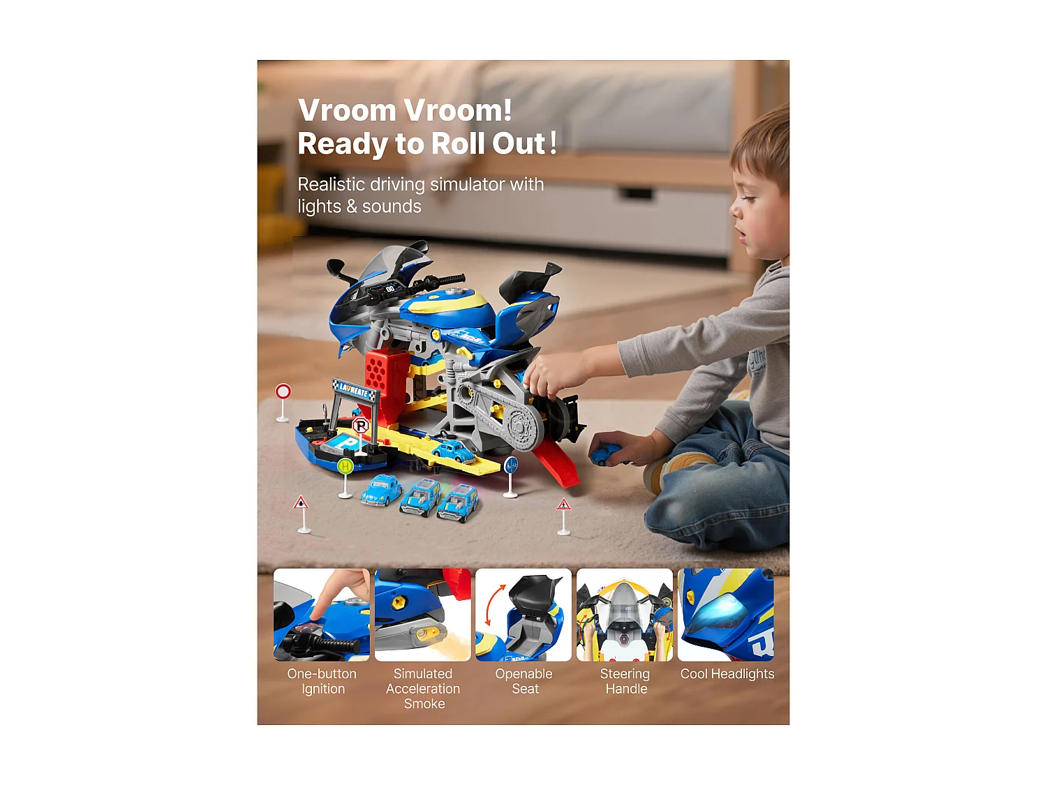 Giocattolo Motore Moto SucceBuy, 25 Pezzi, Giocattolo Meccanico Moto con Parti Rimovibili, Luci e Suoni, Simulazione di Guida e Corsa su Pista, Blu