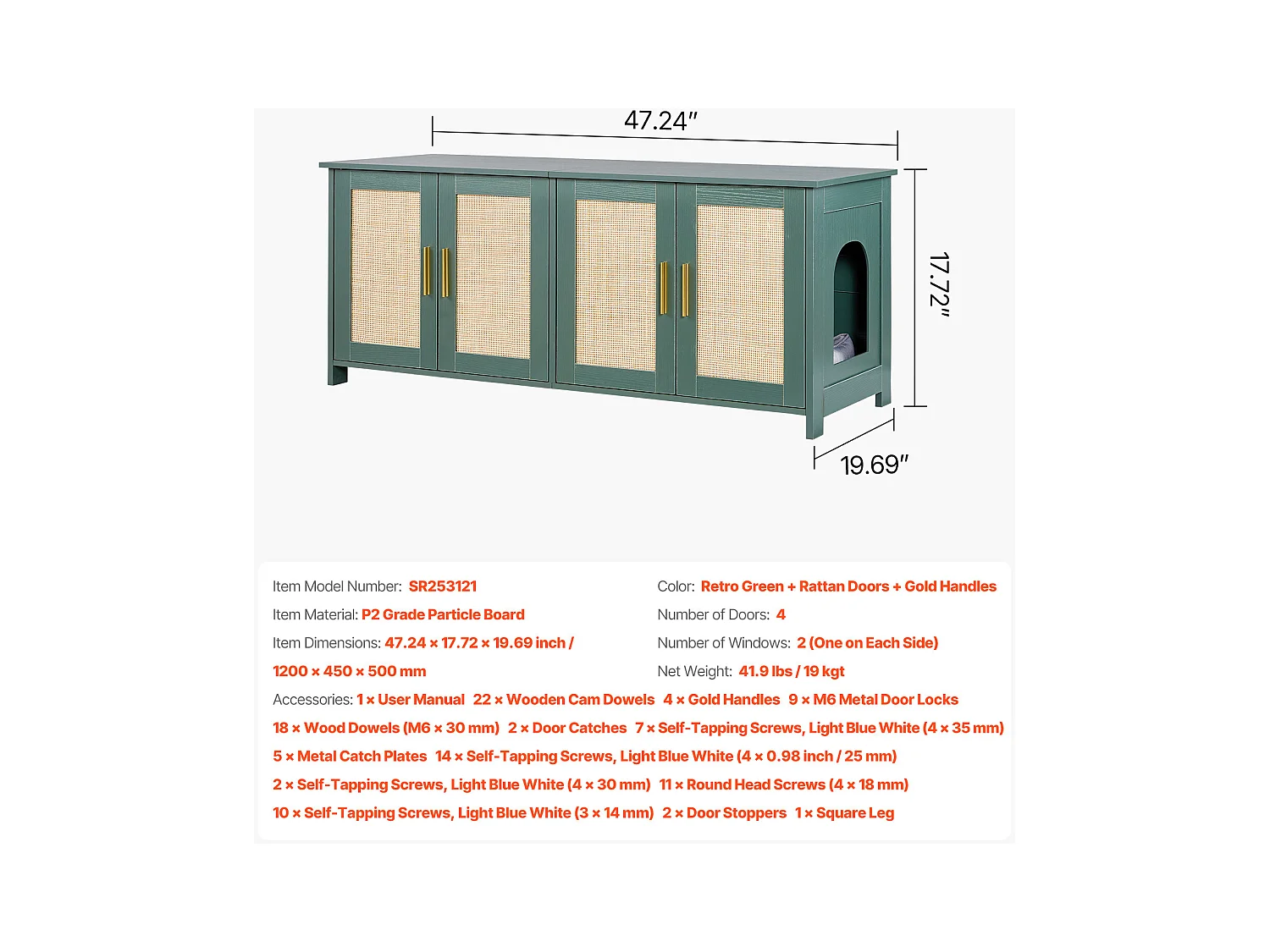 Mebel na Kuwetę SucceBuy Kot Szafka Schowek Dom Kuweta Kot Wewnętrzna, z 4 Drzwiami z Rattanu i 2 Wejściami, Nisza Schowek-kuweta Drewno, 120x45x50 cm