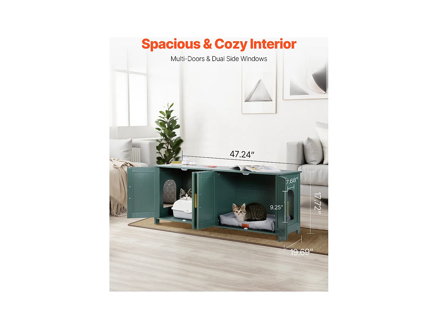 Mebel na Kuwetę SucceBuy Kot Szafka Schowek Dom Kuweta Kot Wewnętrzna, z 4 Drzwiami z Rattanu i 2 Wejściami, Nisza Schowek-kuweta Drewno, 120x45x50 cm