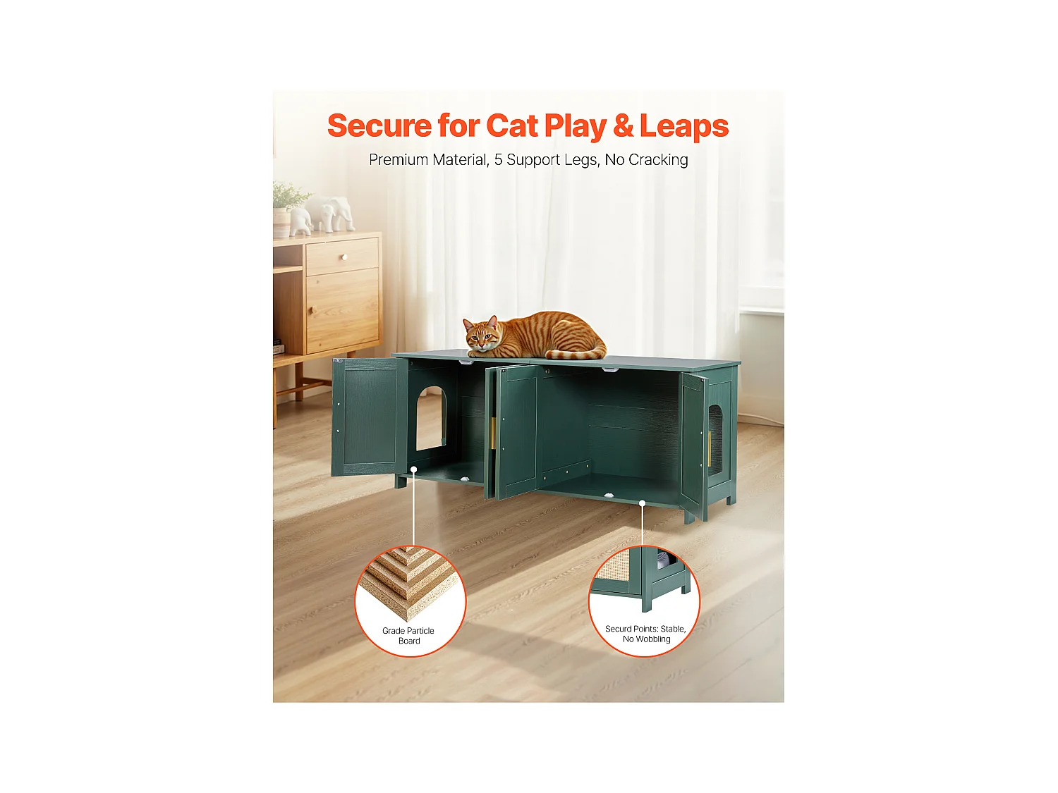 Mebel na Kuwetę SucceBuy Kot Szafka Schowek Dom Kuweta Kot Wewnętrzna, z 4 Drzwiami z Rattanu i 2 Wejściami, Nisza Schowek-kuweta Drewno, 120x45x50 cm