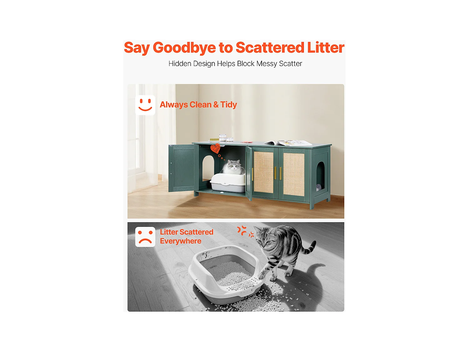 Mebel na Kuwetę SucceBuy Kot Szafka Schowek Dom Kuweta Kot Wewnętrzna, z 4 Drzwiami z Rattanu i 2 Wejściami, Nisza Schowek-kuweta Drewno, 120x45x50 cm