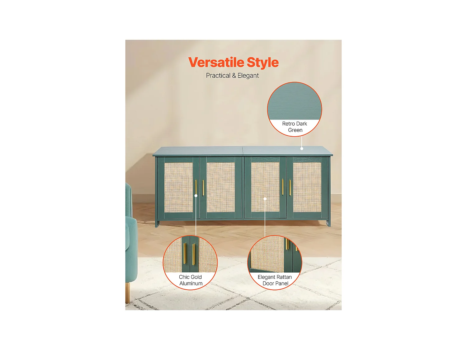 Mebel na Kuwetę SucceBuy Kot Szafka Schowek Dom Kuweta Kot Wewnętrzna, z 4 Drzwiami z Rattanu i 2 Wejściami, Nisza Schowek-kuweta Drewno, 120x45x50 cm