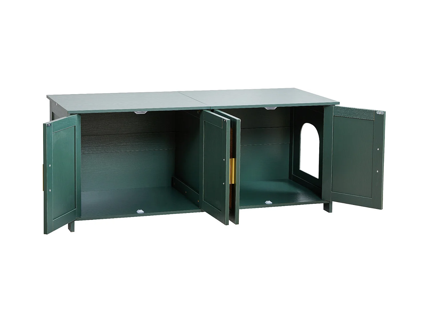 Mebel na Kuwetę SucceBuy Kot Szafka Schowek Dom Kuweta Kot Wewnętrzna, z 4 Drzwiami z Rattanu i 2 Wejściami, Nisza Schowek-kuweta Drewno, 120x45x50 cm