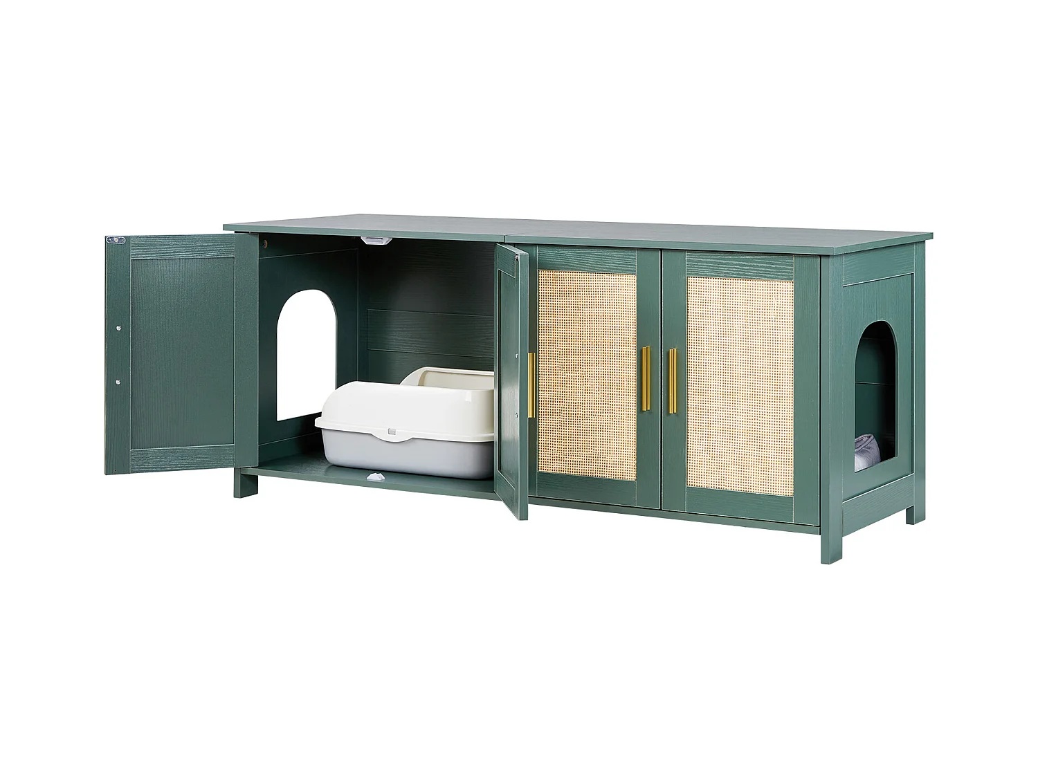 Mebel na Kuwetę SucceBuy Kot Szafka Schowek Dom Kuweta Kot Wewnętrzna, z 4 Drzwiami z Rattanu i 2 Wejściami, Nisza Schowek-kuweta Drewno, 120x45x50 cm