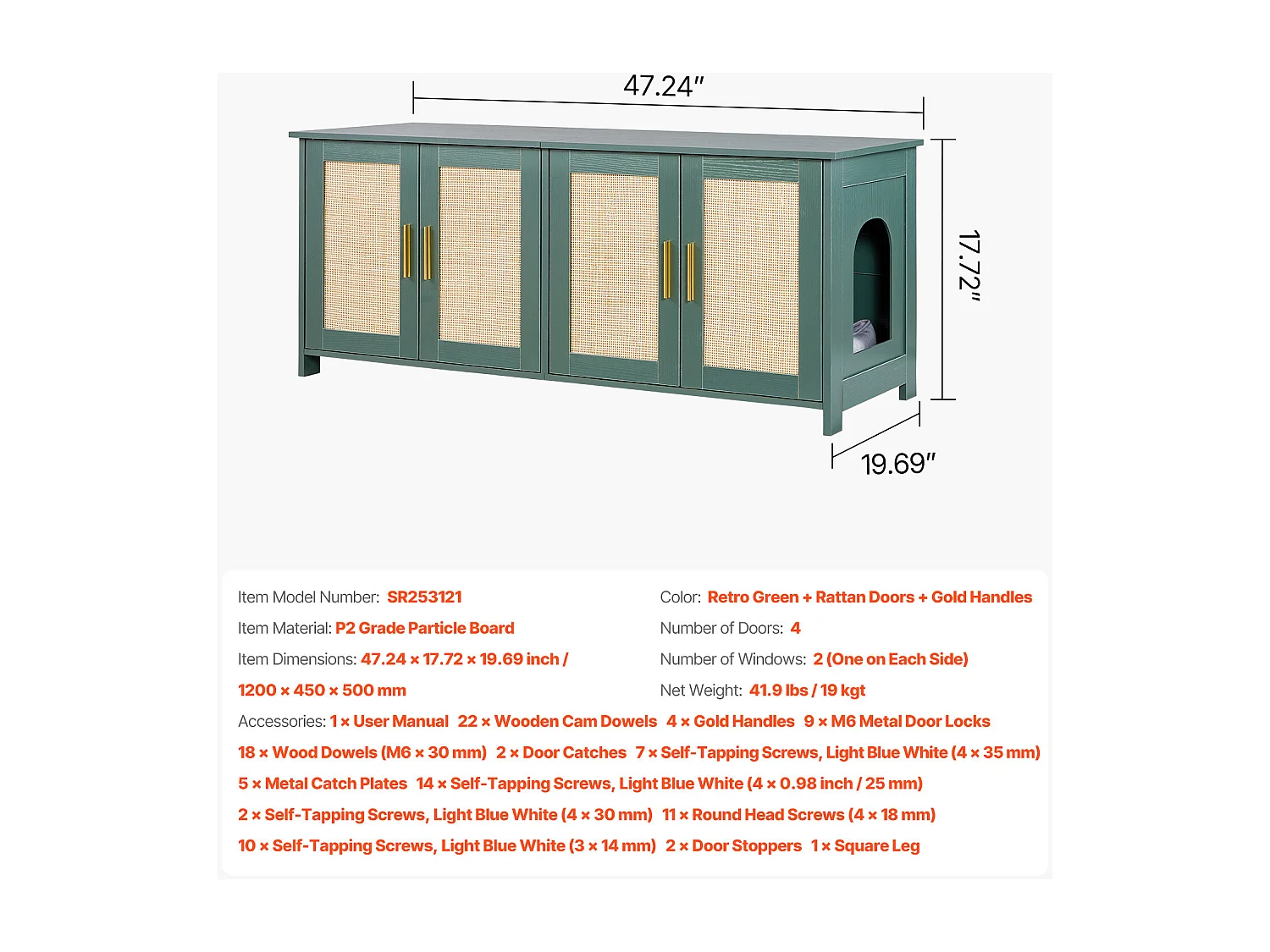 Móvel para Caixa de Areia SucceBuy Gato Armário Esconder Casa de Banho Gato, com 4 Portas de Rattan e 2 Entradas, Nicho Esconder-areia Madeira, 120x45x50 cm