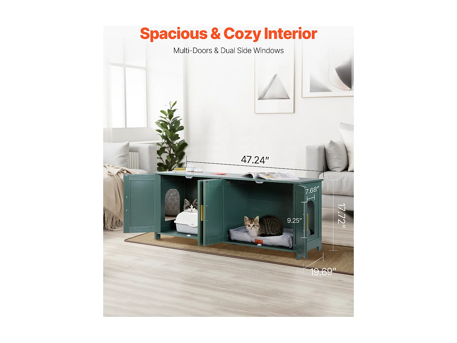 Móvel para Caixa de Areia SucceBuy Gato Armário Esconder Casa de Banho Gato, com 4 Portas de Rattan e 2 Entradas, Nicho Esconder-areia Madeira, 120x45x50 cm